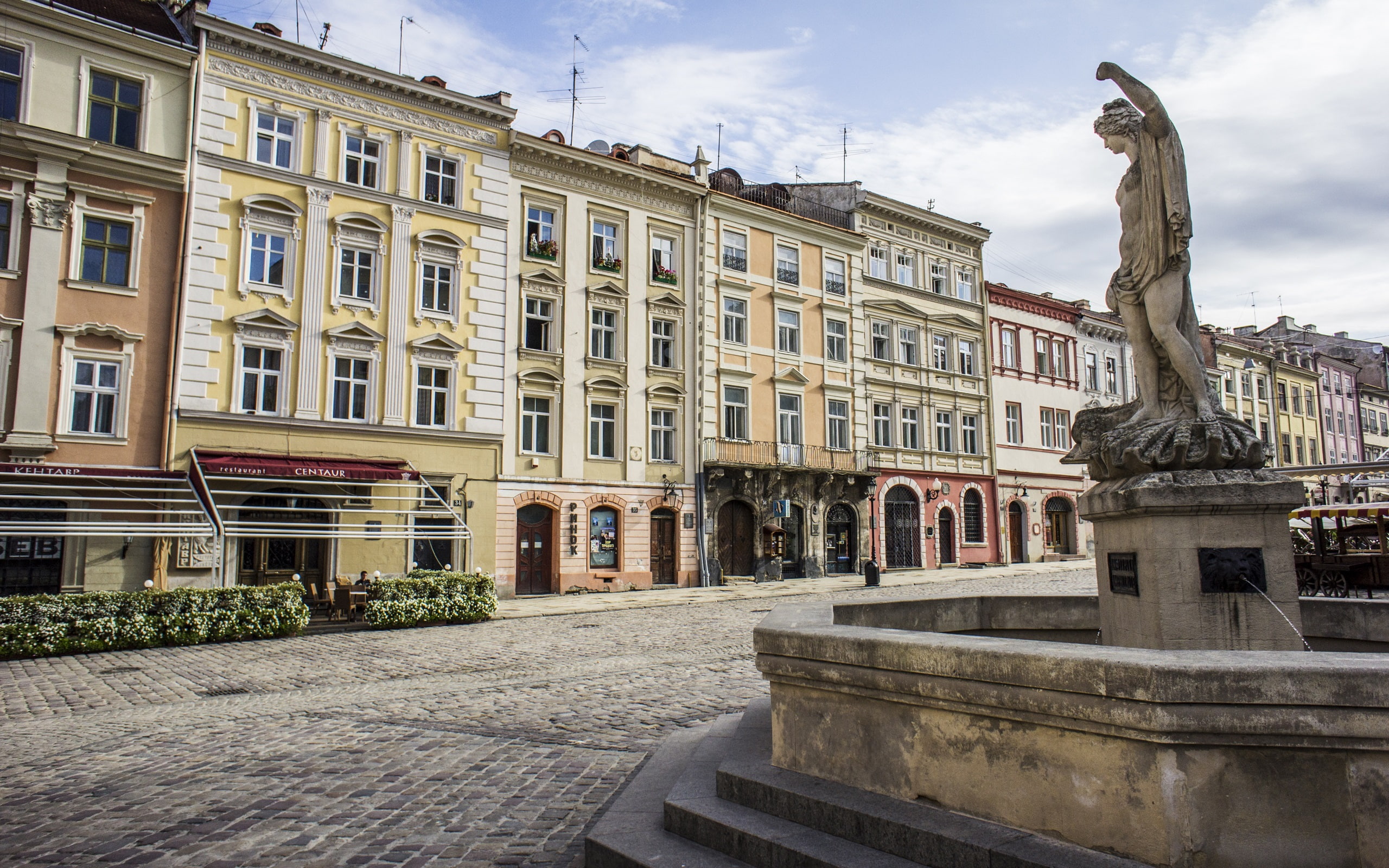 Fountain, Ukraine, Rynok, Lviv, 2K, Houses, Square, HD Wallpaper