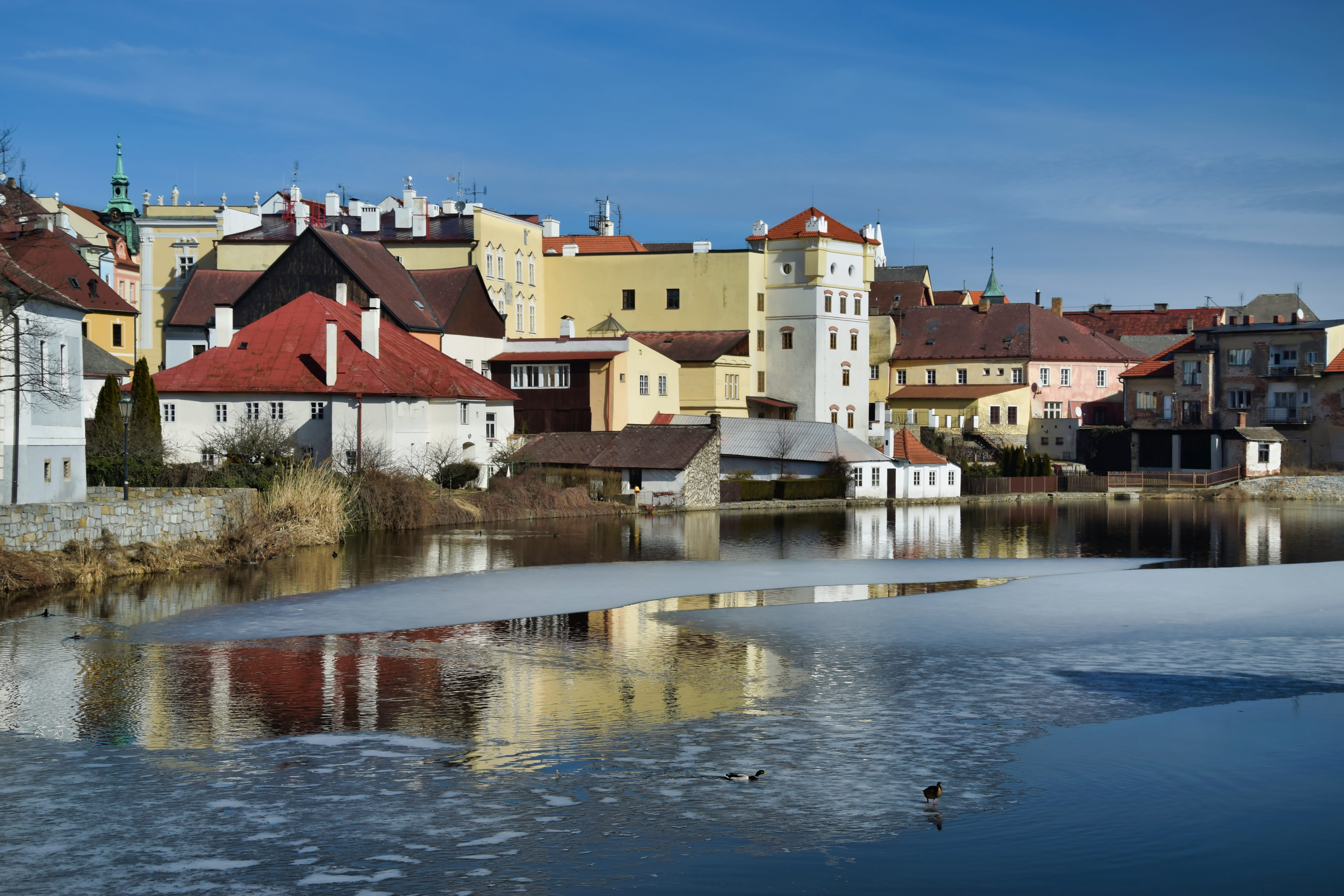 no people, 5K, outdoors, day, czech, reflection, city, waterfront, building, winter, czech republic, castle, architecture, bohemia, jindřichův hradec, HD Wallpaper