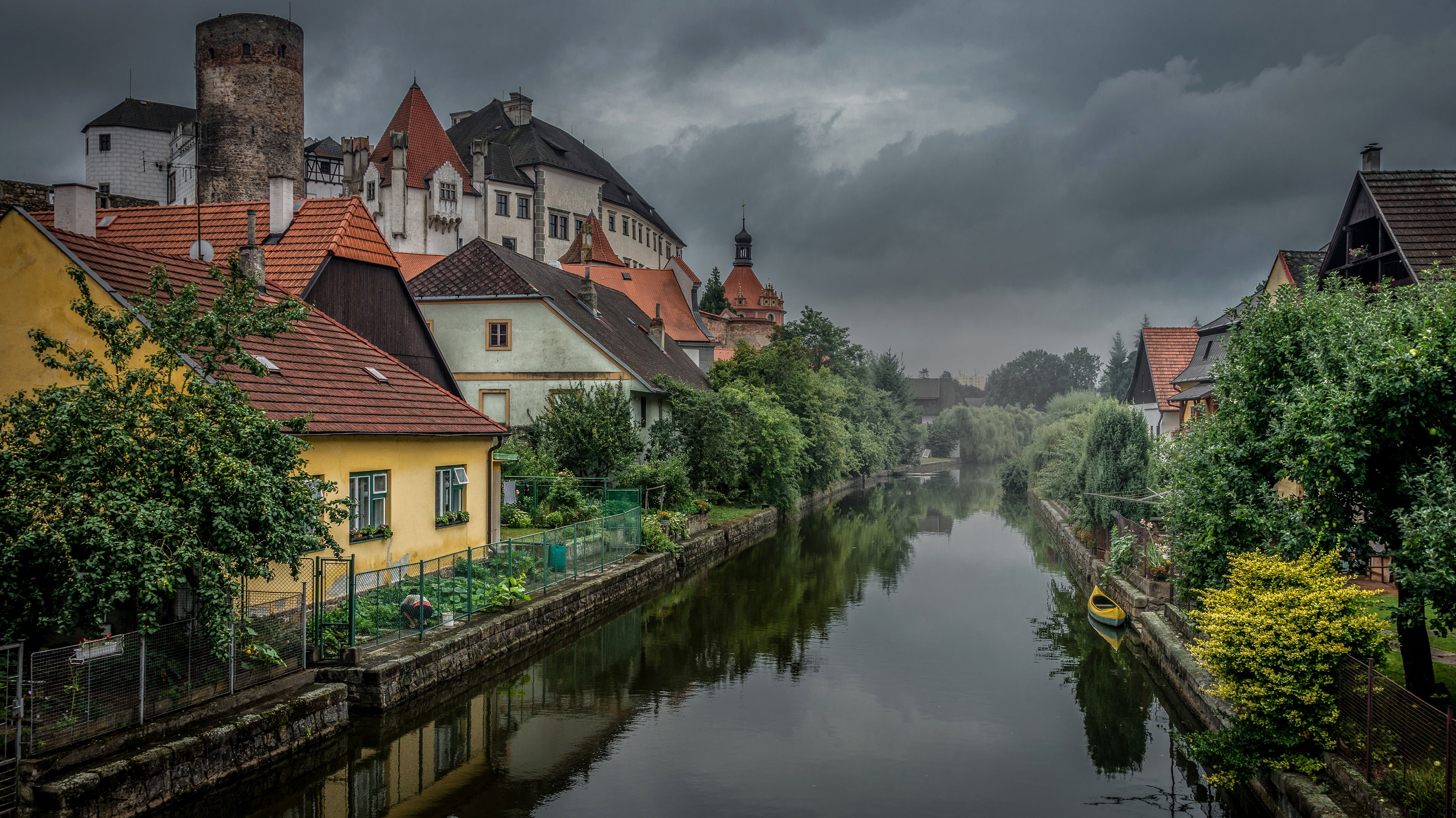 no people, morning, bohemia, building, water, nature, czech republic, outdoors, river, waterfront, plant, cloudy, sky, 4K, building exterior, europe, cloud, HD Wallpaper