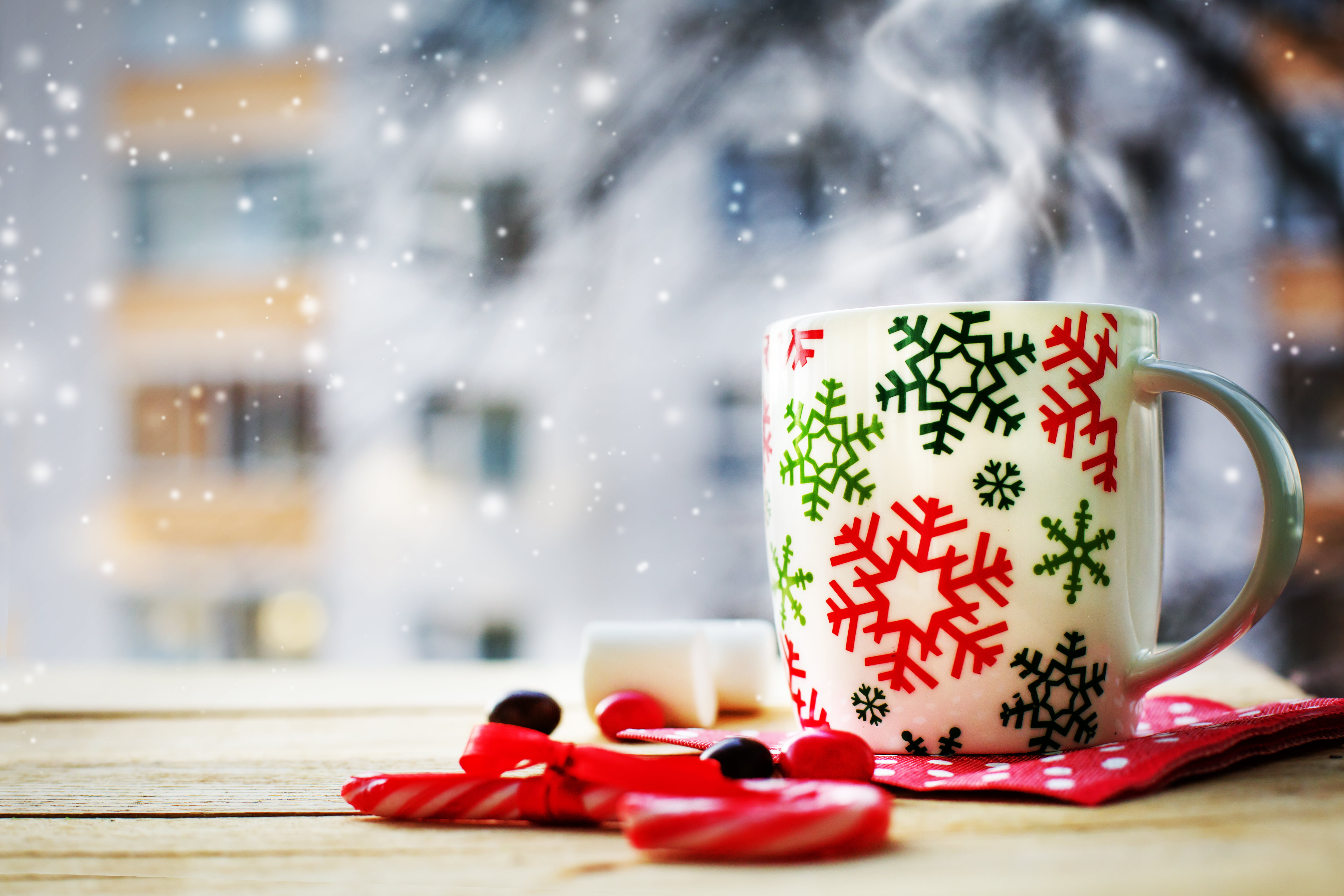 rustic, snow, Christmas, decoration, tea, 5K, focus on foreground, food, heat - Temperature, floral pattern, red, crockery, close-up, coffee - Drink, ceramic, HD Wallpaper