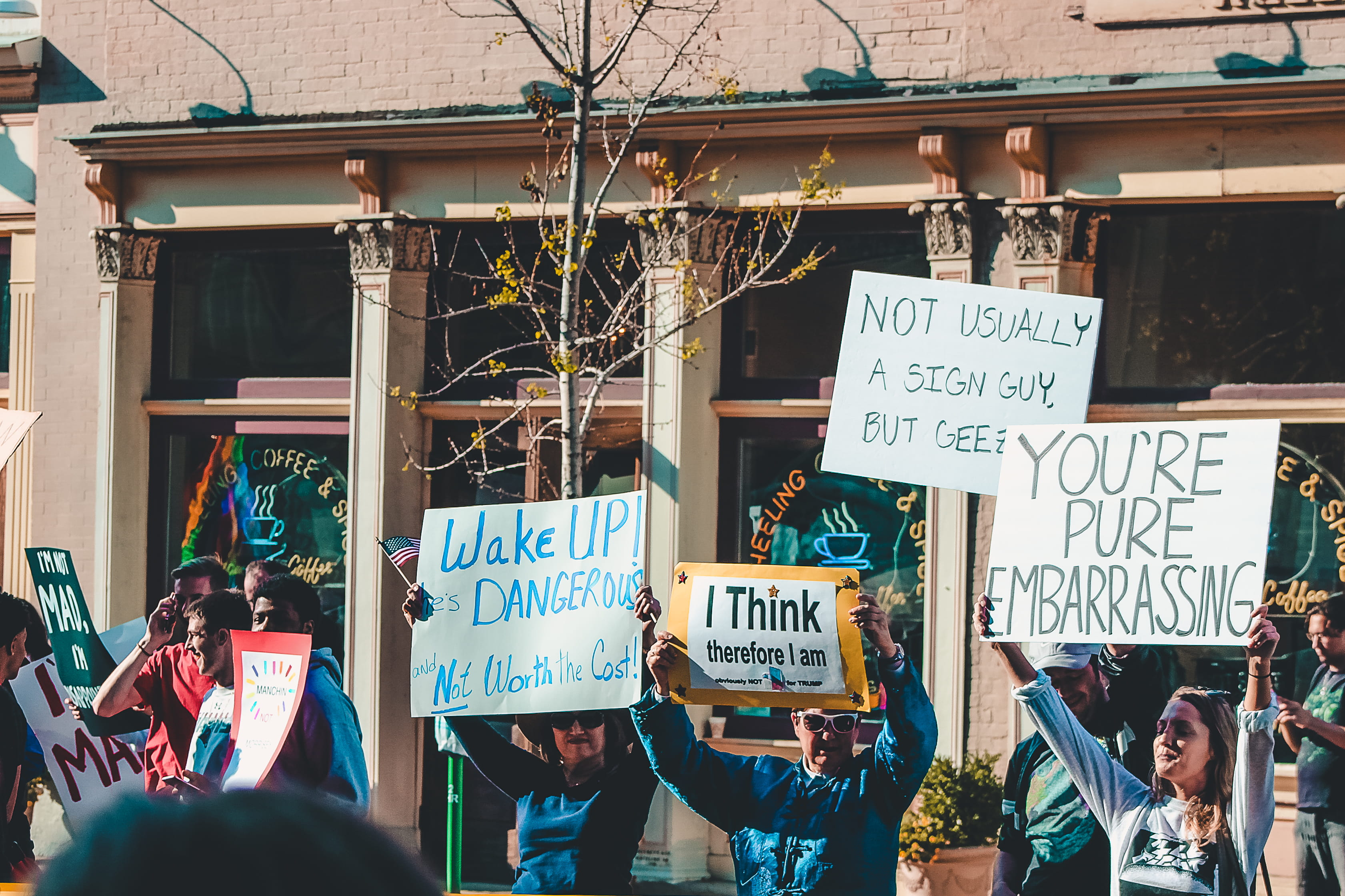 hanging, democracy, non-western script, men, day, politics, demonstration, city, man, outdoors, adult, text, action, protesting, protestor, signs, posters, HD Wallpaper
