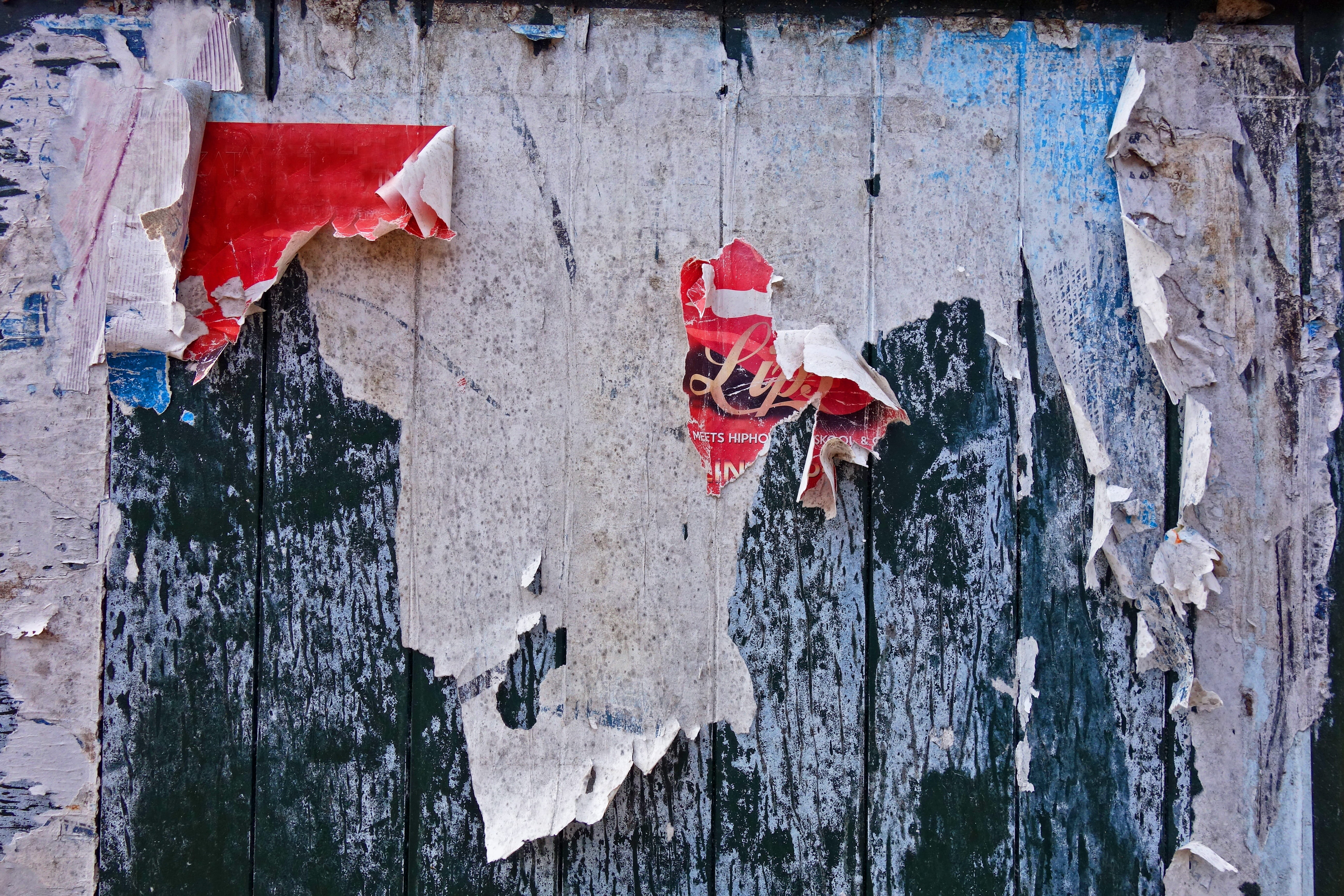 patriotism, full frame, plank, architecture, fence, wooden fence, poster, placard, 5K, weathered, red, day, flag, hanging, damaged, outdoors, torn, building exterior, HD Wallpaper