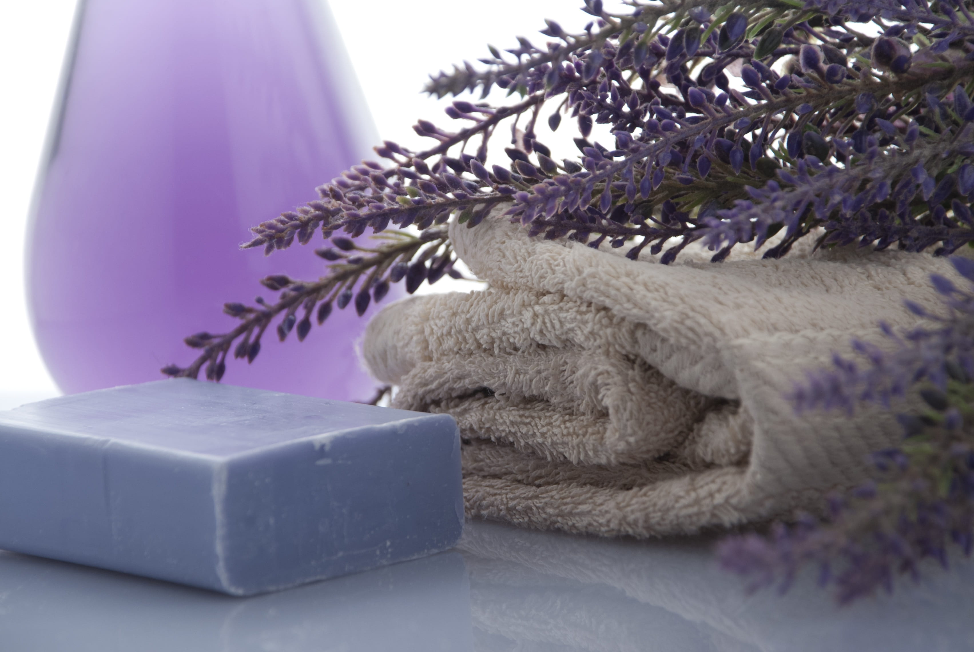domestic room, female, candle, hygiene, towels, home, towel, wool, relaxation, lavender, photography, gray, purple, relax, indoors, beauty, color, focus, HD Wallpaper
