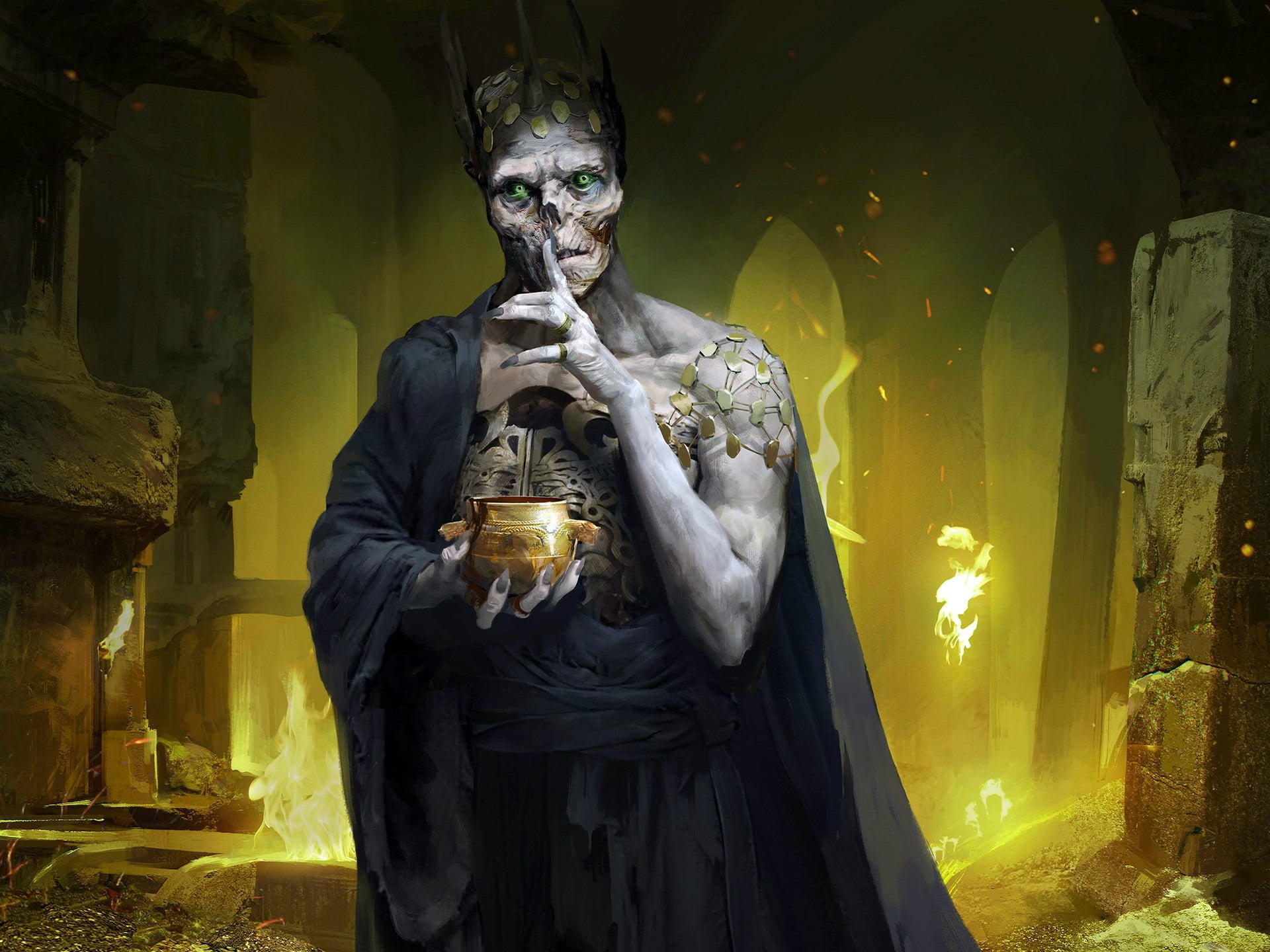 sparks, skull, skeleton, 1080P, a finger to his mouth, horror, dungeon, the deathless, death, tale, fear, rags, looking into the soul, treasures, Koschey The Immortal, HD Wallpaper
