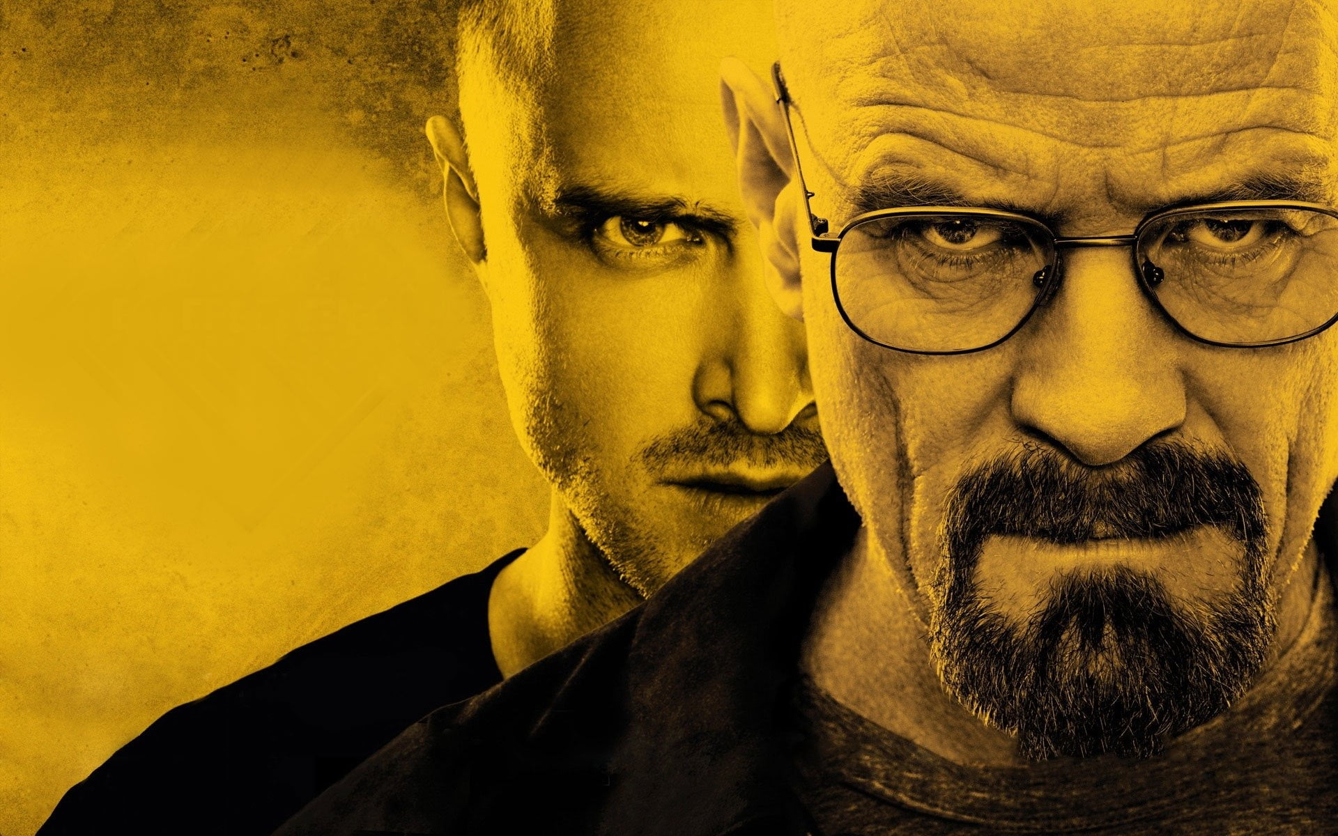 front view, close-up, beard, people, yellow, males, TV Show, glasses, human face, Jesse Pinkman, facial hair, indoors, bad, serious, Bryan Cranston, men, HD Wallpaper