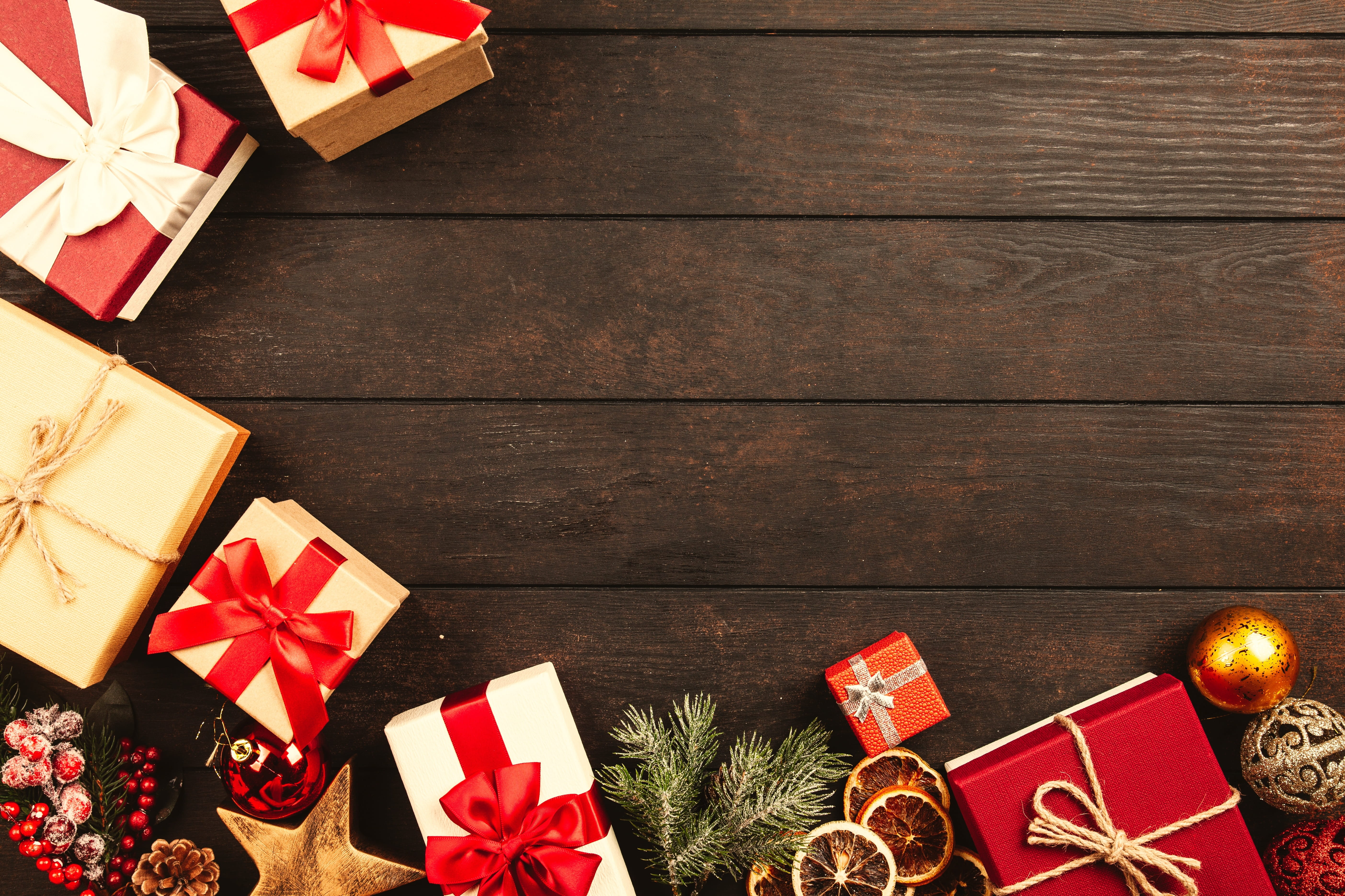 christmas decoration, indoors, decoration, old, present, tied bow, closed, wrapping, high angle view, gift box, paper, abstract, table, holiday, seasonal, HD Wallpaper