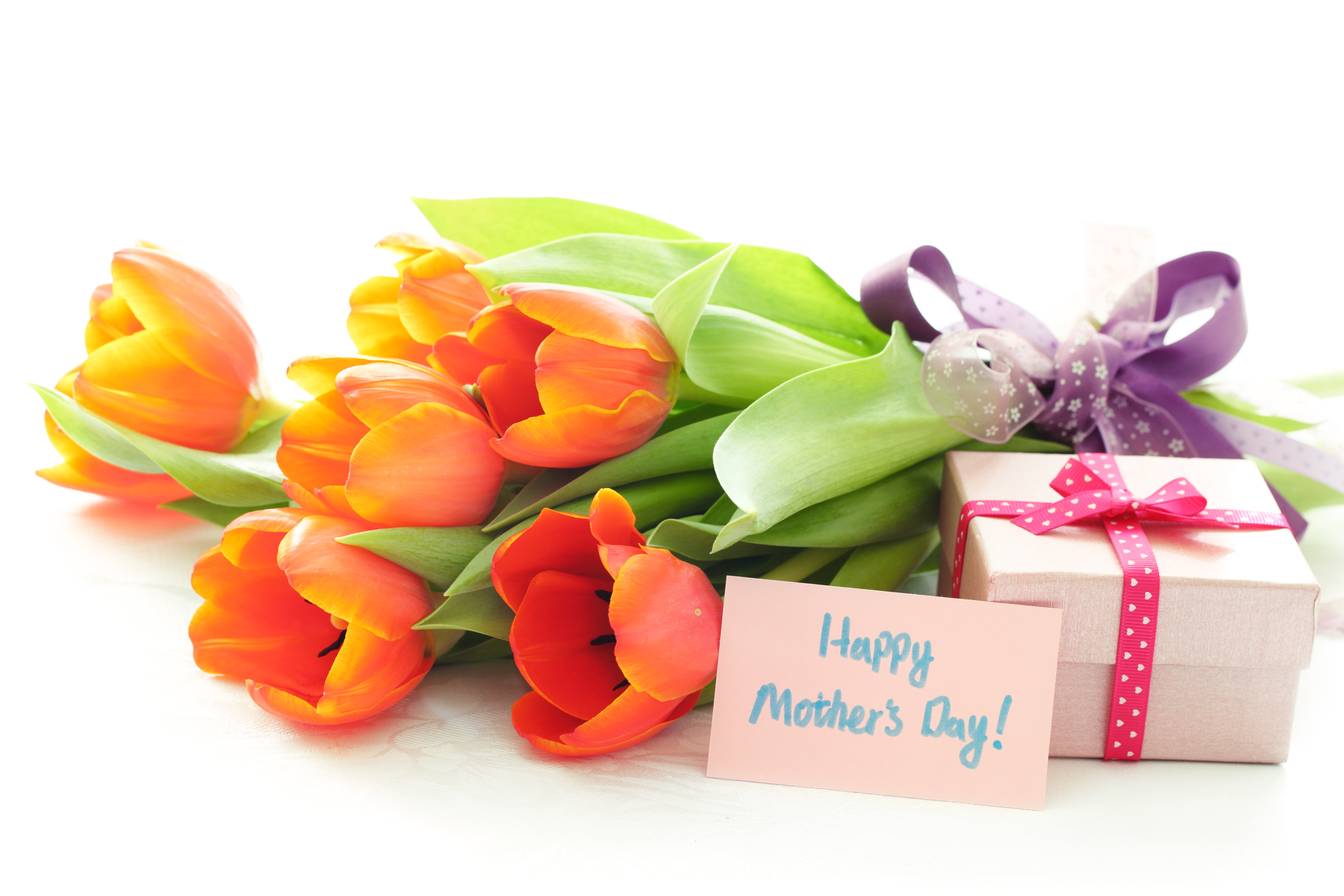 orange, bunch of flowers, holiday, celebration, bow, plant, white, isolated, box - Container, bunch, still life, flowers, gift box, tulip, mothers Day, HD Wallpaper