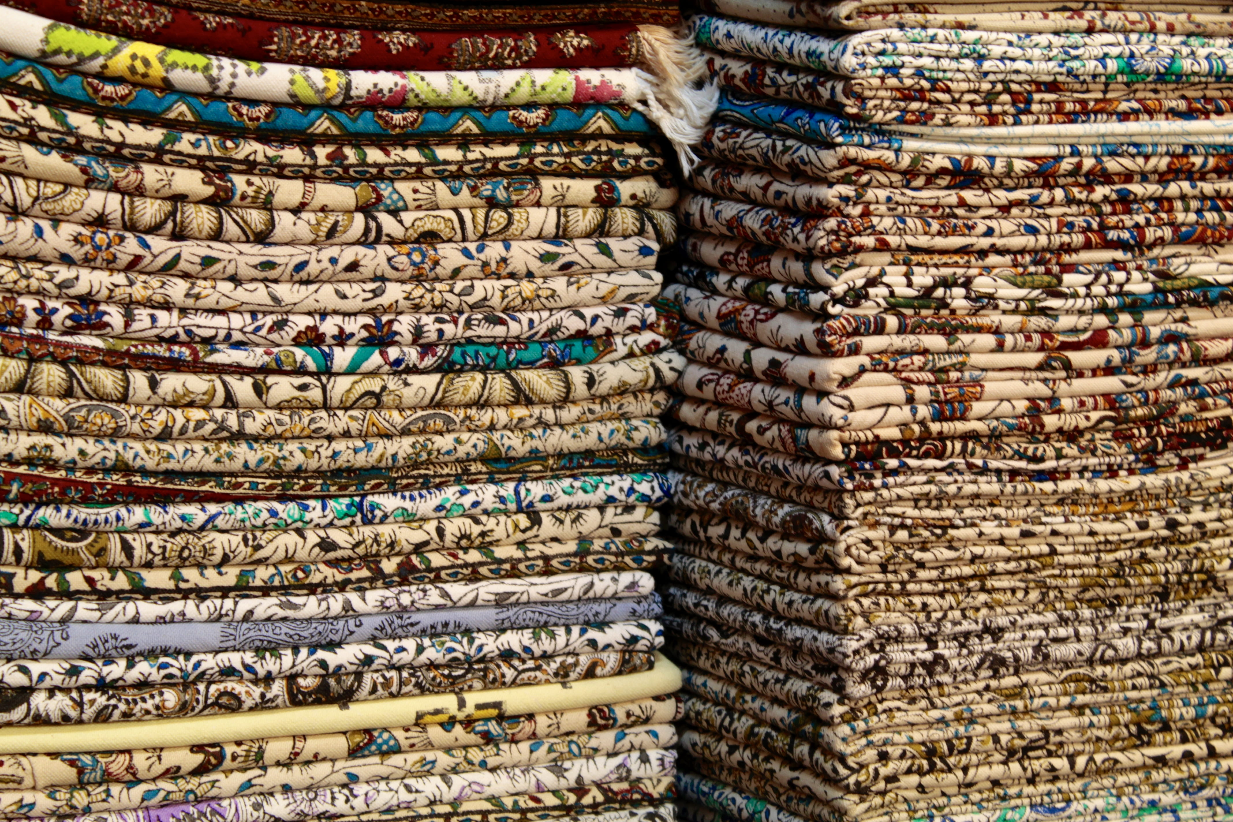 folded, arrangement, no people, pattern, esfahan bazaar, variation, close-up, isfahan, backgrounds, retail display, bazar, multi colored, clothing, market, HD Wallpaper