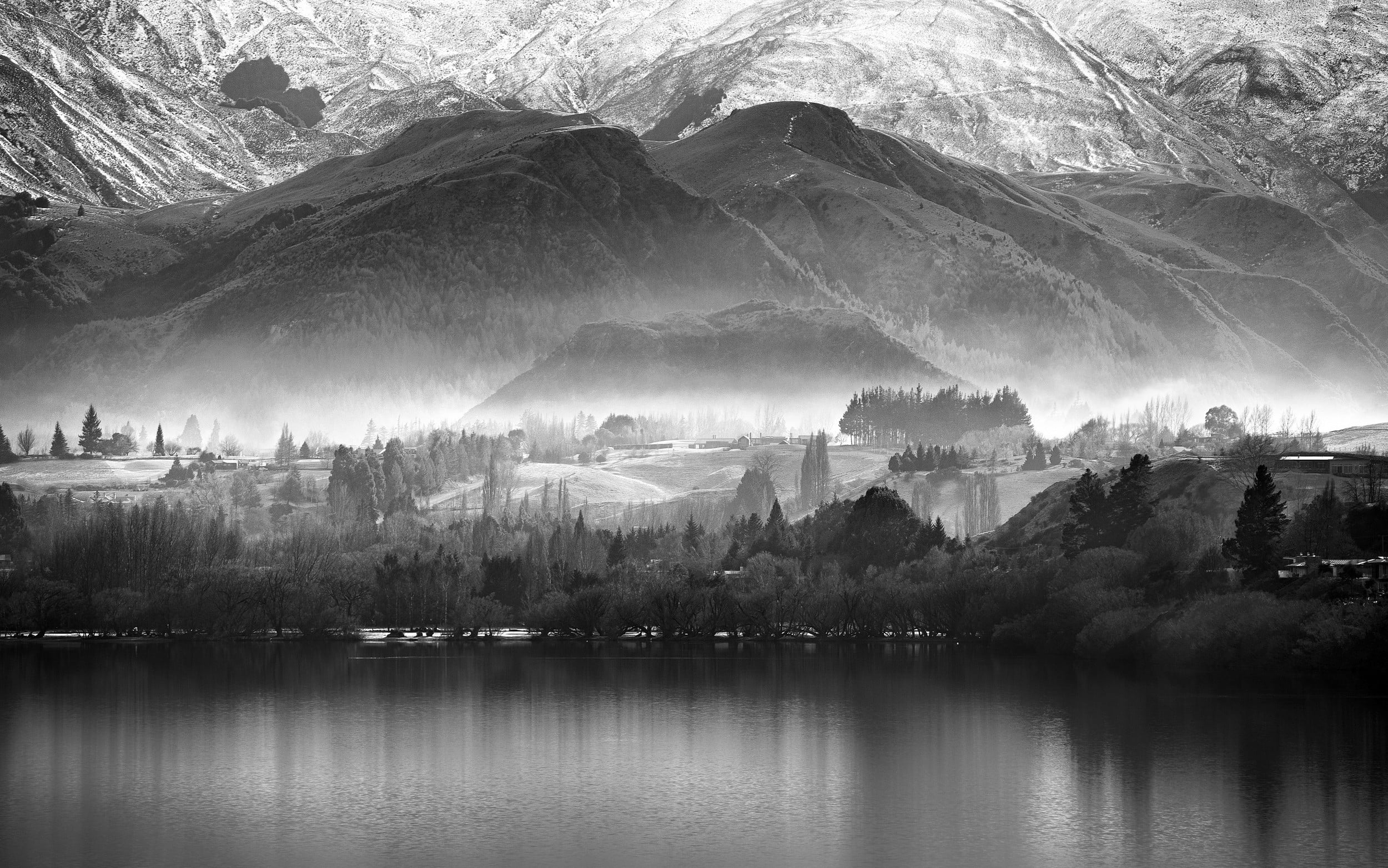 nature, mountains, fog, idyllic, black, monochrome, village, no people, rug, beauty in nature, mountain range, water, scenics - nature, tranquility, lake, HD Wallpaper