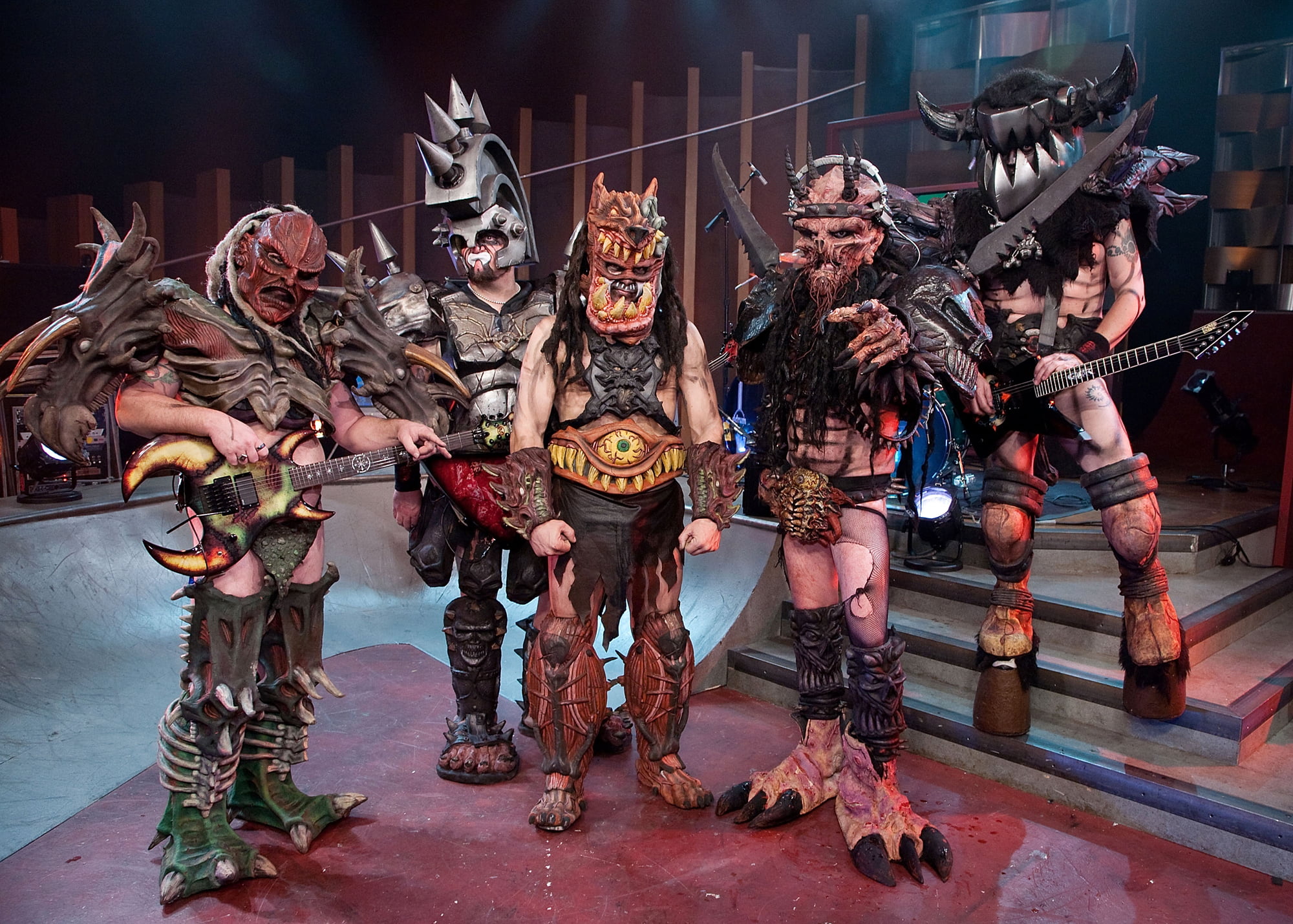 full length, representation, standing, five, real people, built structure, disguise, night, vocalist, carnival - celebration event, stage Costume, rock band, HD Wallpaper