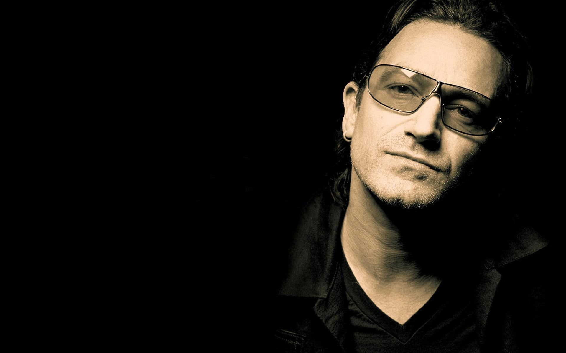 Face, front view, contemplation, copy space, dark, eyeglasses, Background, young adult, males, U2, facial hair, mid adult, Soloist, human face, black background, HD Wallpaper