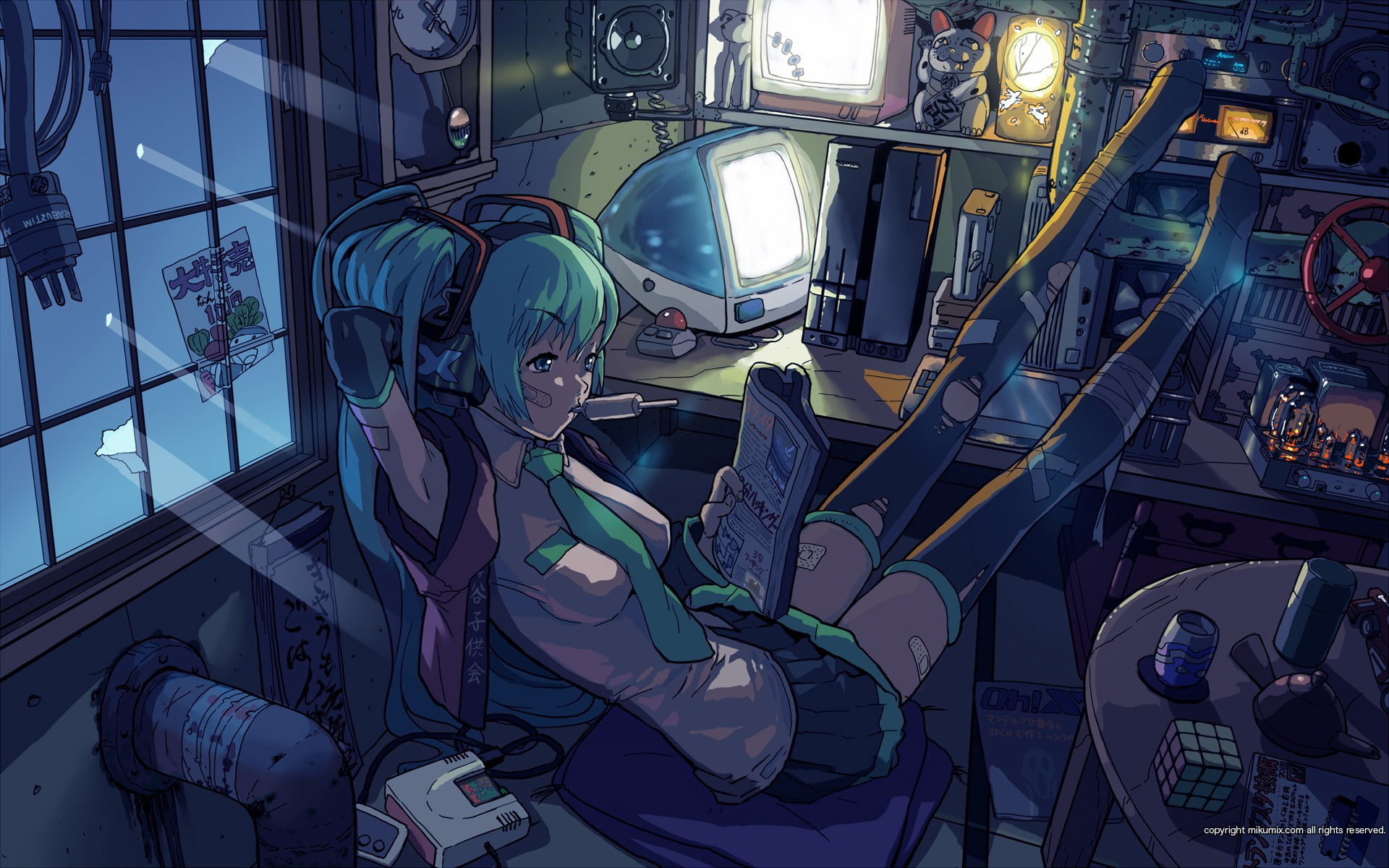 Blue, tights, vocaloid, windows, hatsune, hd, popsicles, miku, headphones, art, tie, bandaids, anime, 1080P, hair, banda, technology, computers, green, HD Wallpaper