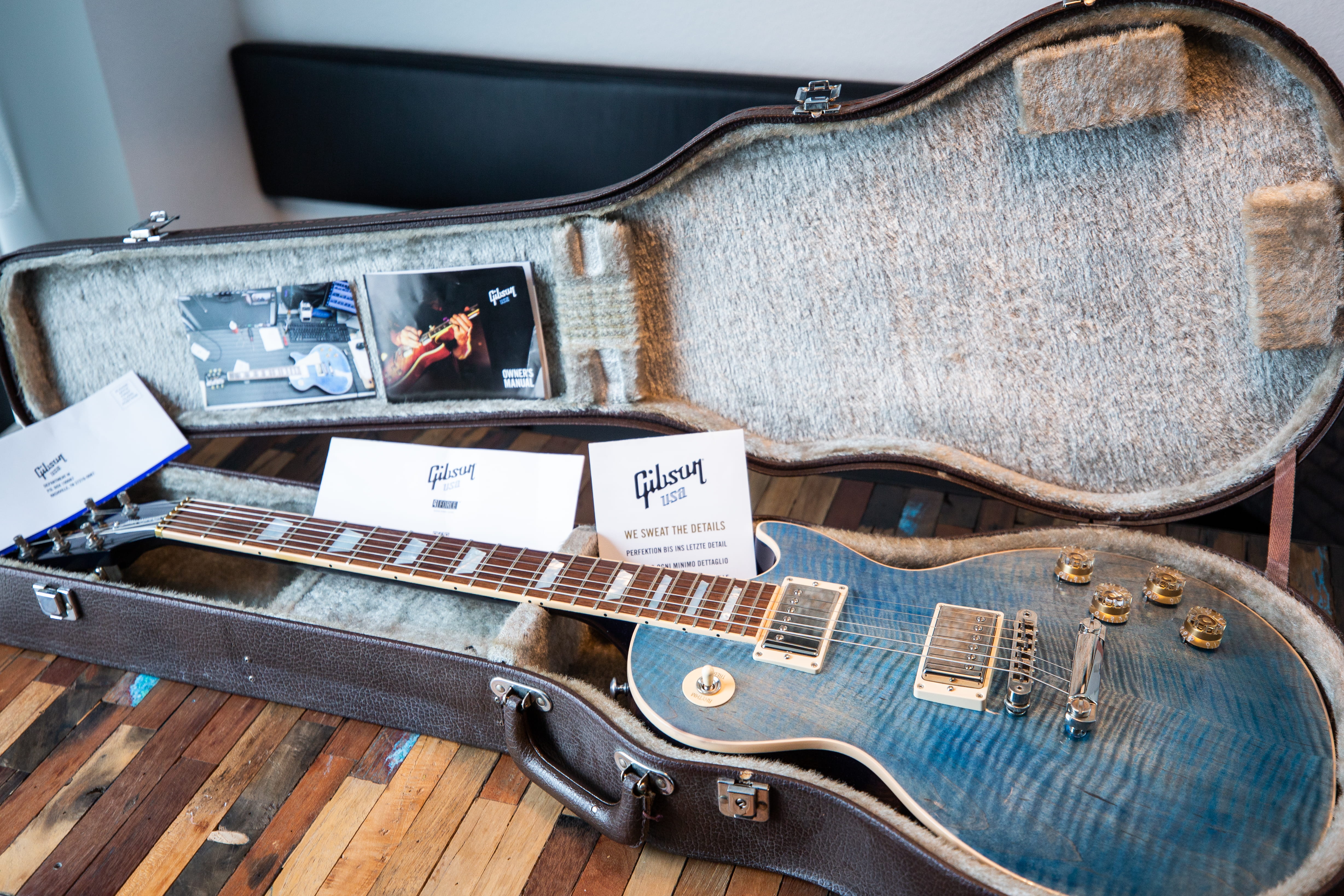 wooden, string instrument, case, blue, string, guitar, metal, old, wood - material, electric guitar, close-up, day, 4K, high angle view, electric, paul, HD Wallpaper