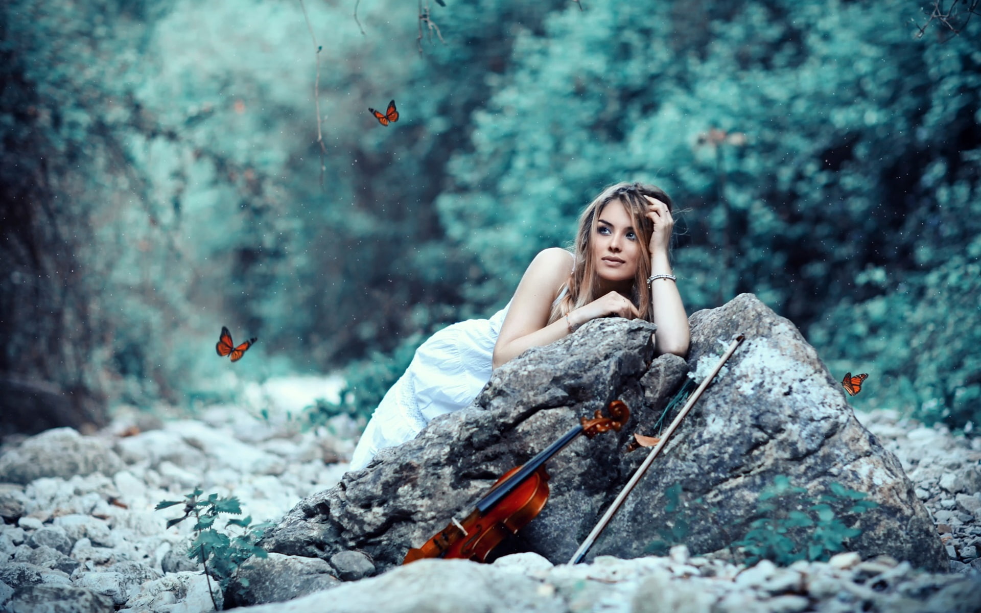 Butterflies, Girl, white, Stones, dress, women, Violin, s, sleeveless, 1080P, HD Wallpaper