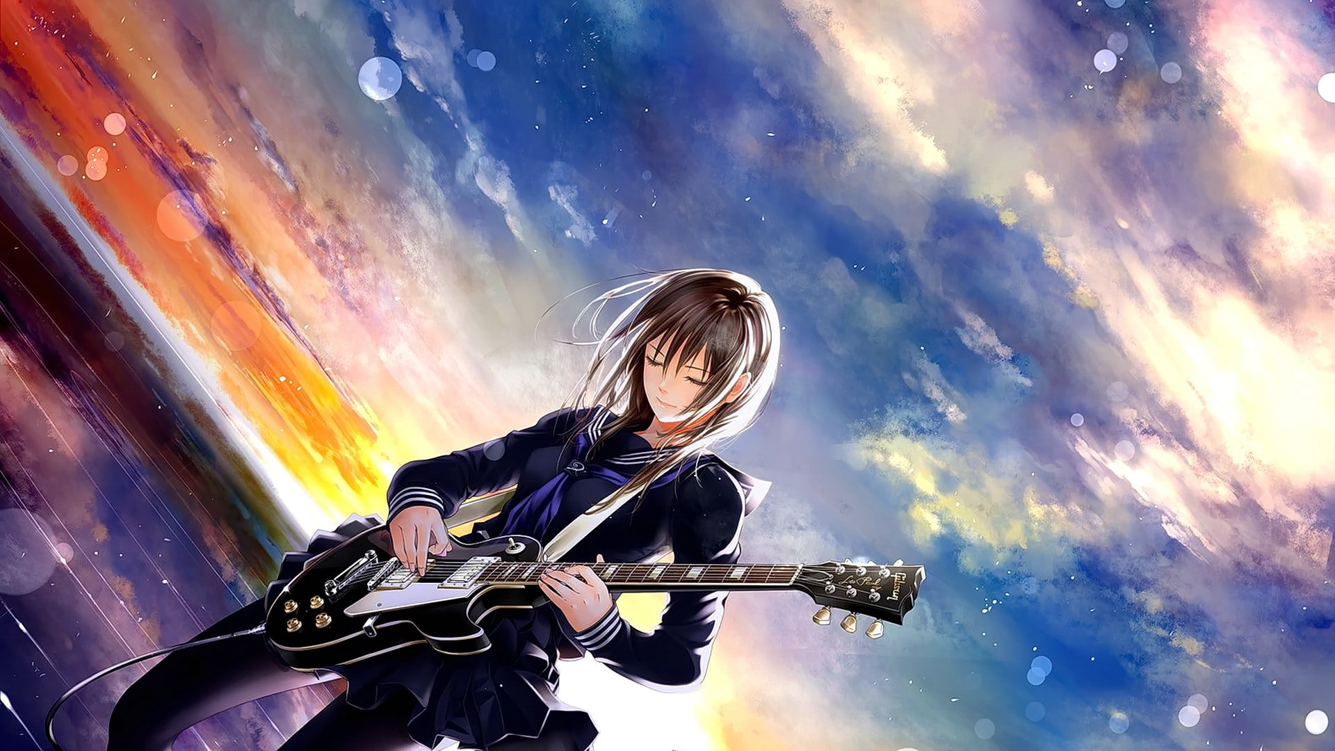 brunette, short hair, guitar, Les paul, musical instrument, anime girls, clouds, sky, closed eyes, 1080P, anime, HD Wallpaper