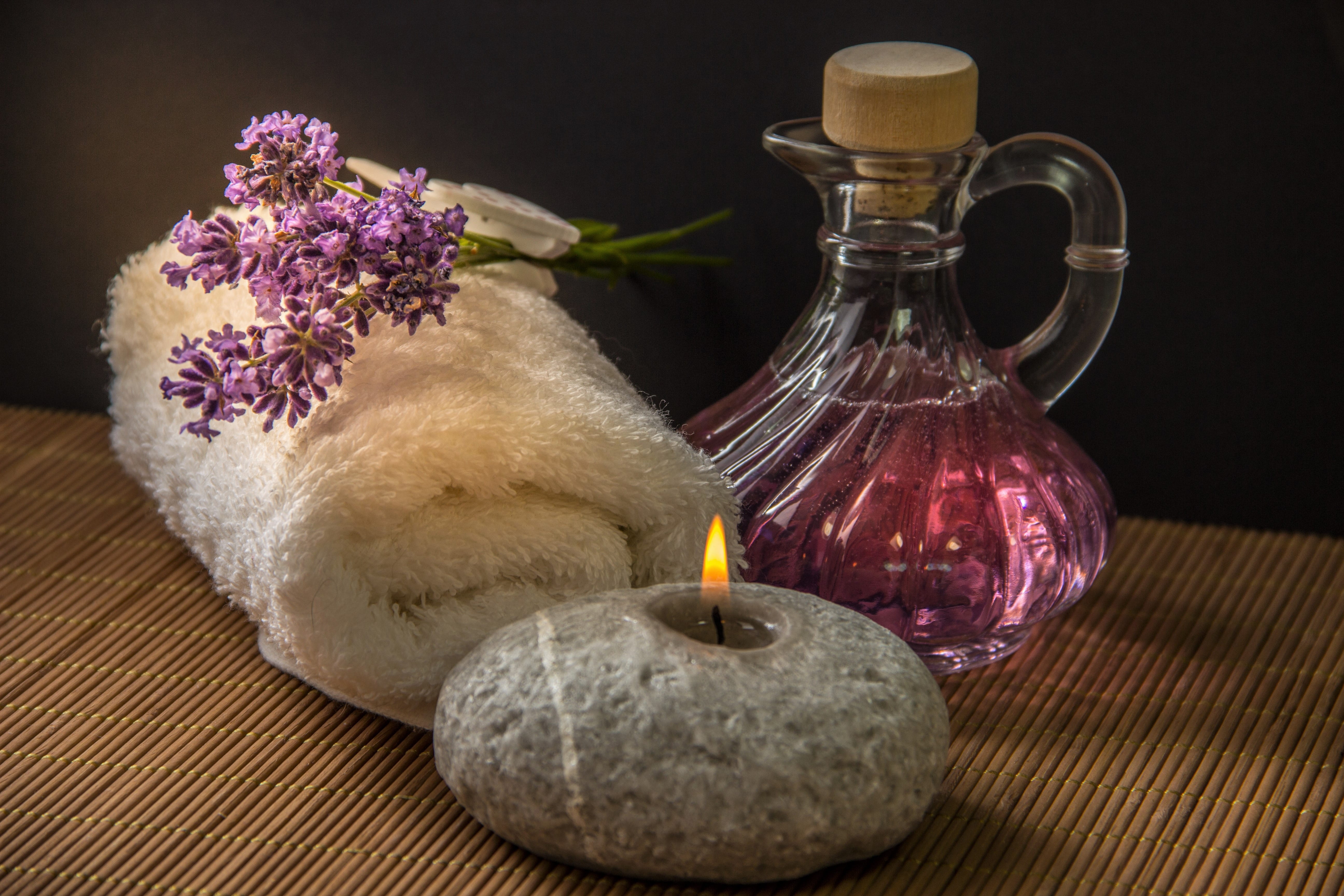 glass - material, black, lavender, food and drink, still life, indoors, plant, pebble, 5K, flowering plant, no people, light, wellness, candle, rolled, HD Wallpaper