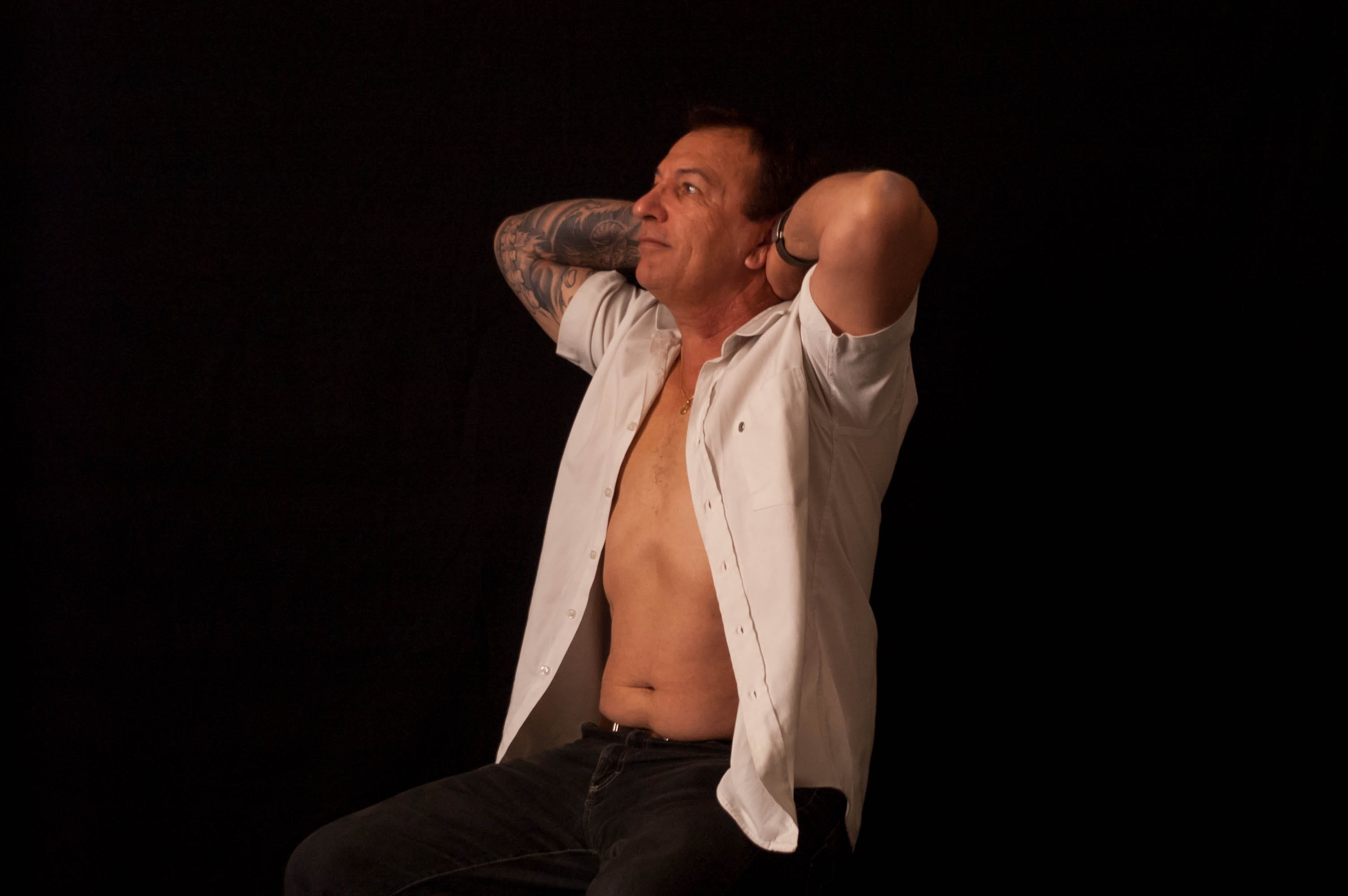 arms raised, chest, mature adult, strength, fully unbuttoned, human arm, adult, black background, Tattoo, Portrait, human body part, adults only, mature men, HD Wallpaper