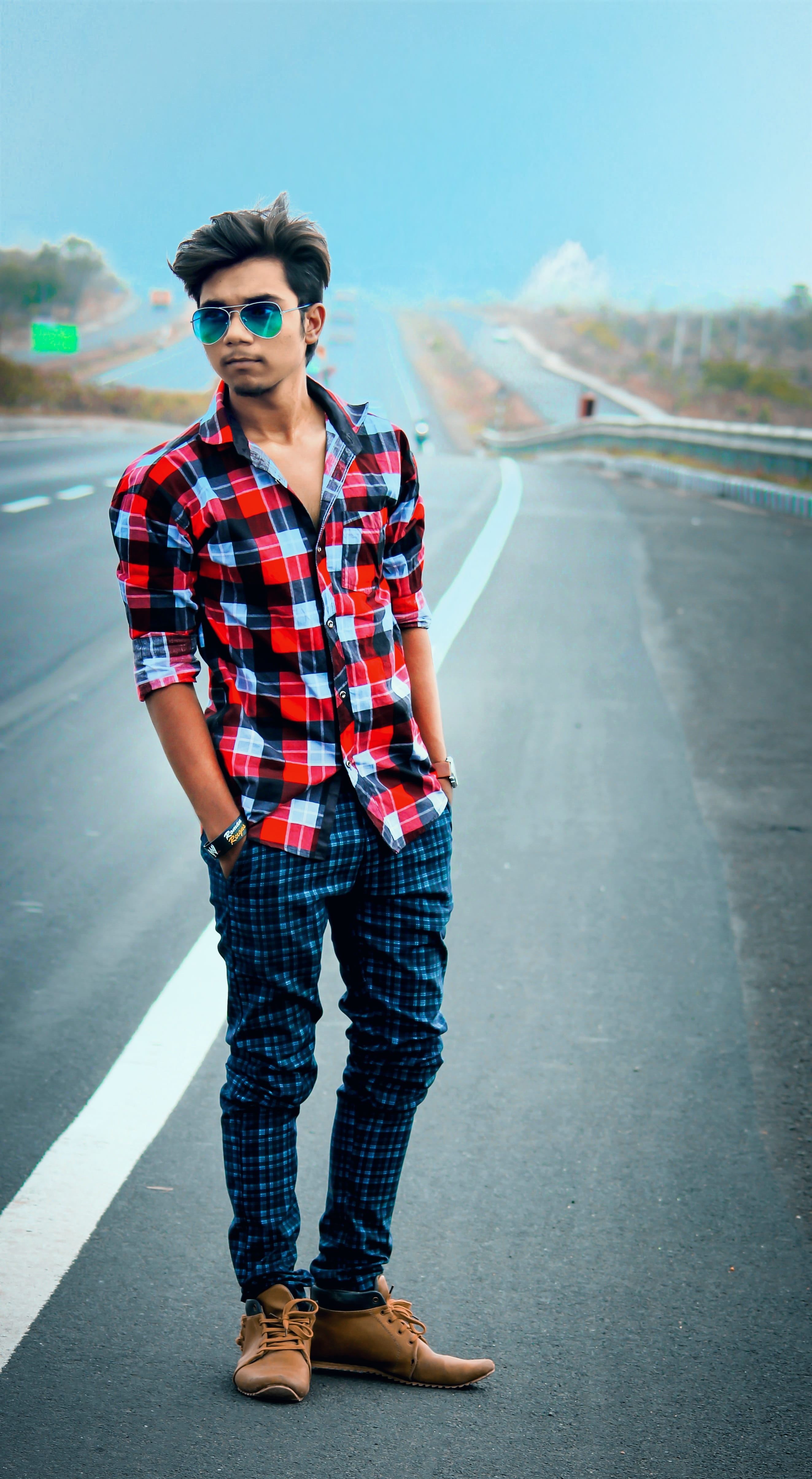 model, checked pattern, young men, adult, lifestyles, glasses, roadside, sunglasses, fully unbuttoned, one person, day, young adult, front view, standing, Phone HD Wallpaper