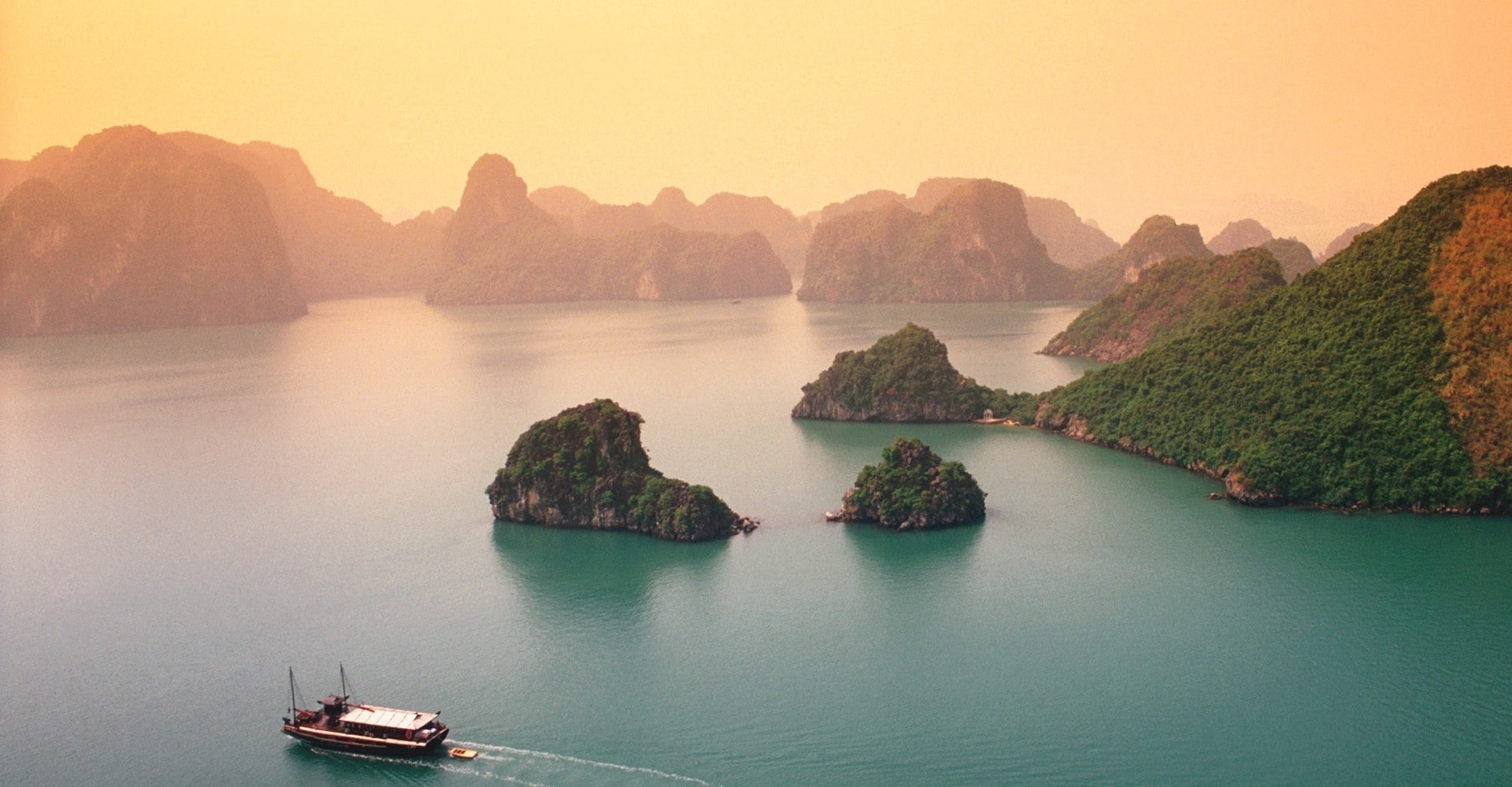 nature landscape halong bay vietnam limestone rock sea island beach cliff boat water tropical mist, 1080P, HD Wallpaper