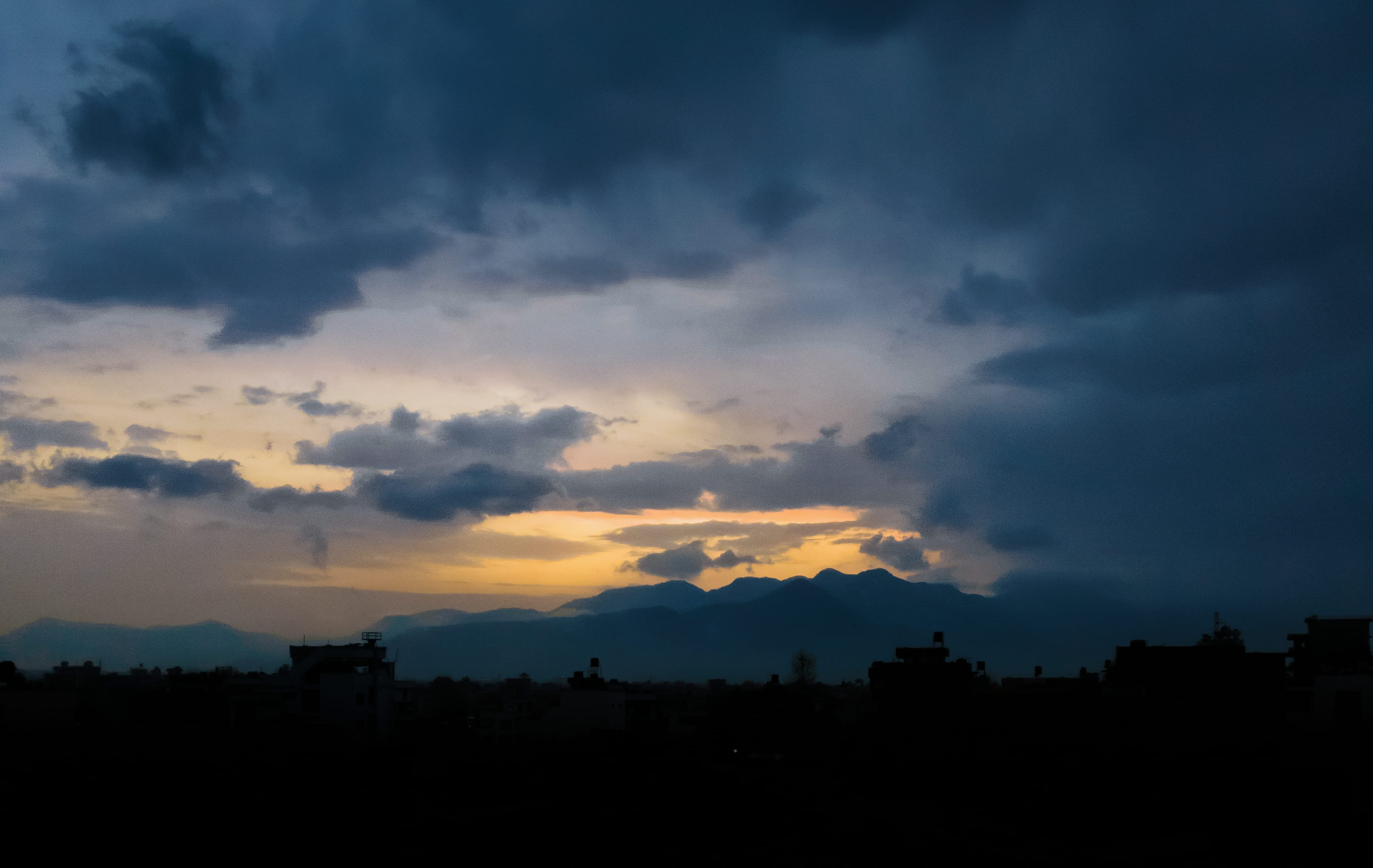 nepal, storm, clouds, bhaktapur, power in nature, mountains, no people, s3, orange color, sunset, dark clouds, nature, cloud - sky, outdoors, environment, HD Wallpaper