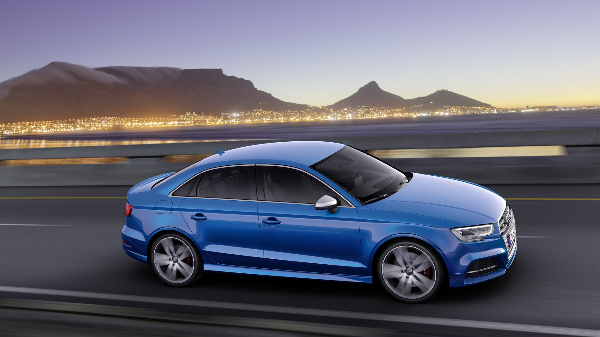 city, Audi S3, road, transportation, outdoors, motor vehicle, architecture, sunlight, nature, Audi, travel, mountain, motion, water, sky, car, wheels, blue, HD Wallpaper