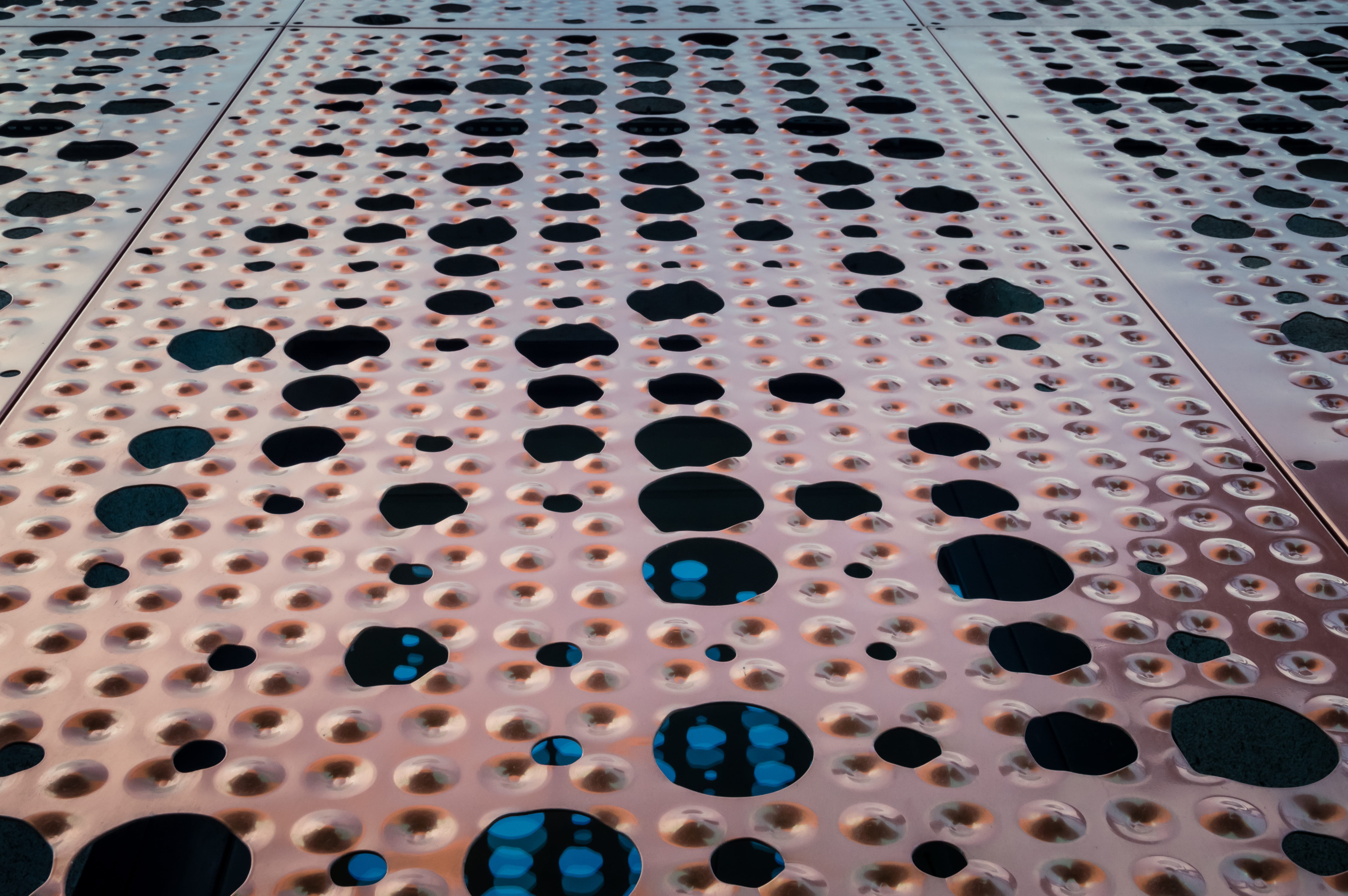 aluminum, glazed, close-up, spotted, architecture, shape, brown, indoors, blue, contemporary, flooring, tiled floor, geometric, technology, texture, chrome, HD Wallpaper
