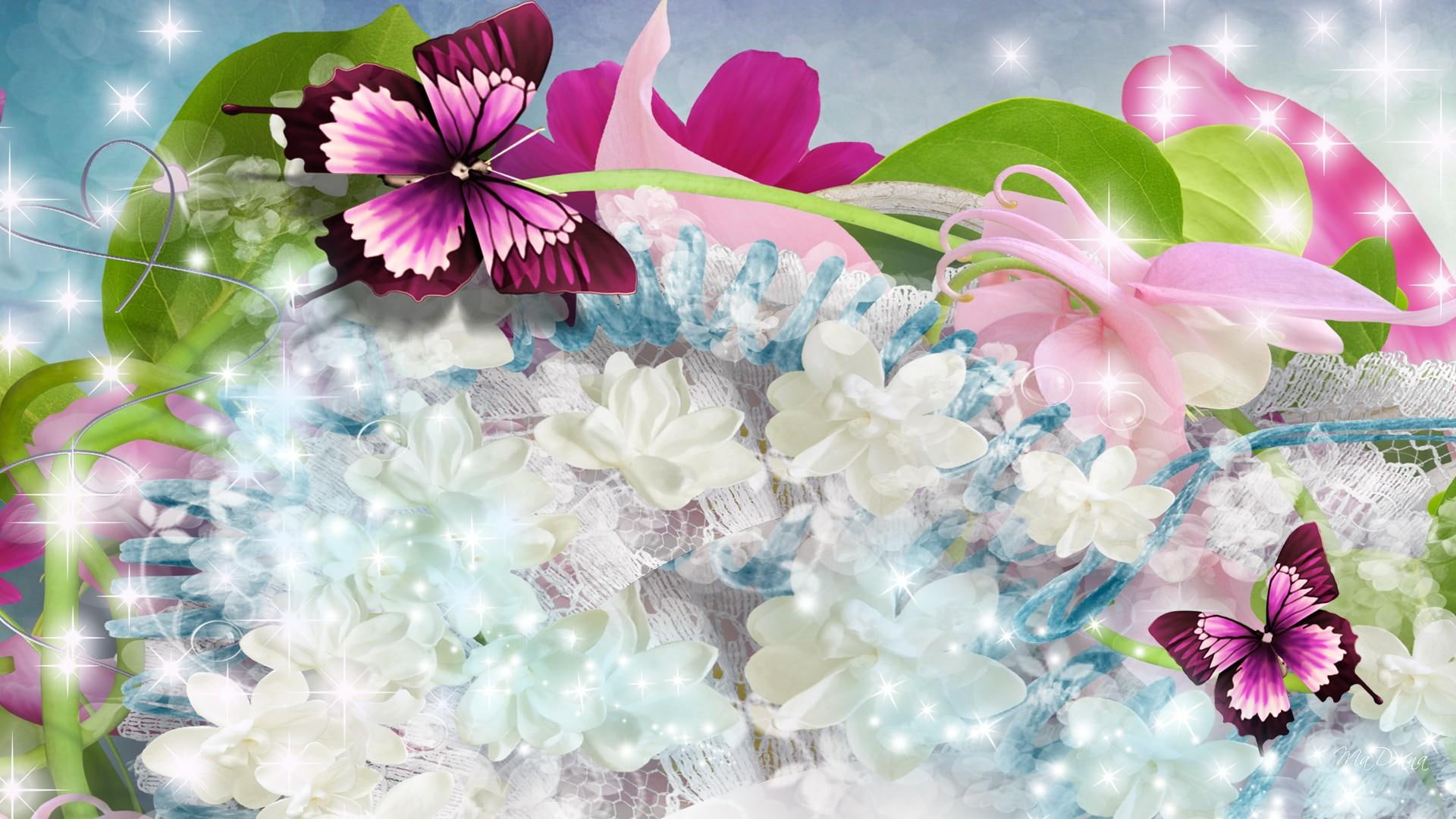 lace, papillion, bright, scatter, glowing, ribbons, pink, flowers, bows, butterflies, butterfly, soft, fleurs, 1080P, blue, HD Wallpaper