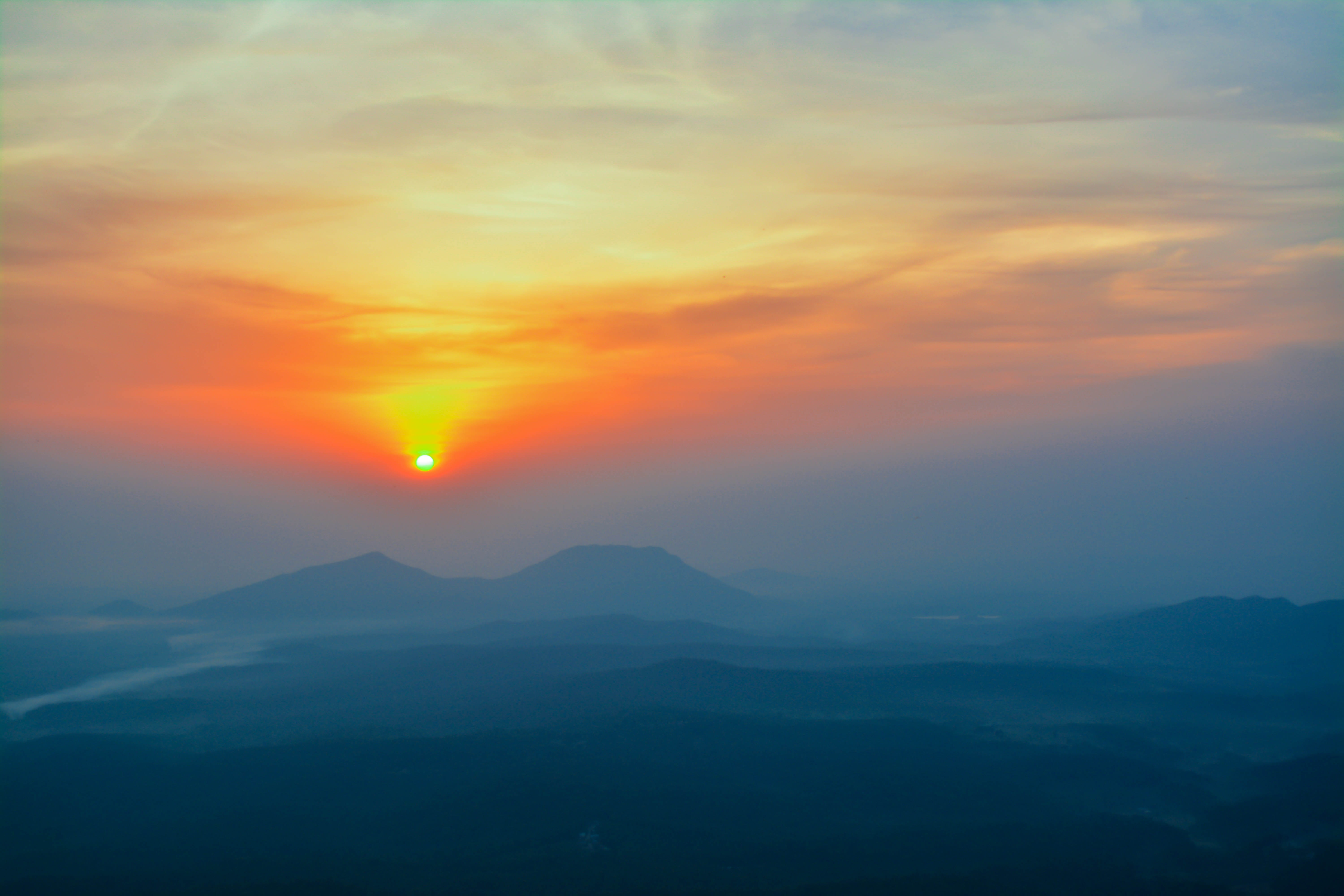 beauty in nature, tranquil scene, 5K, sunrice, no people, sun, non-urban scene, morning, skyline, colorfull, sunset, nature, idyllic, orange color, india, HD Wallpaper