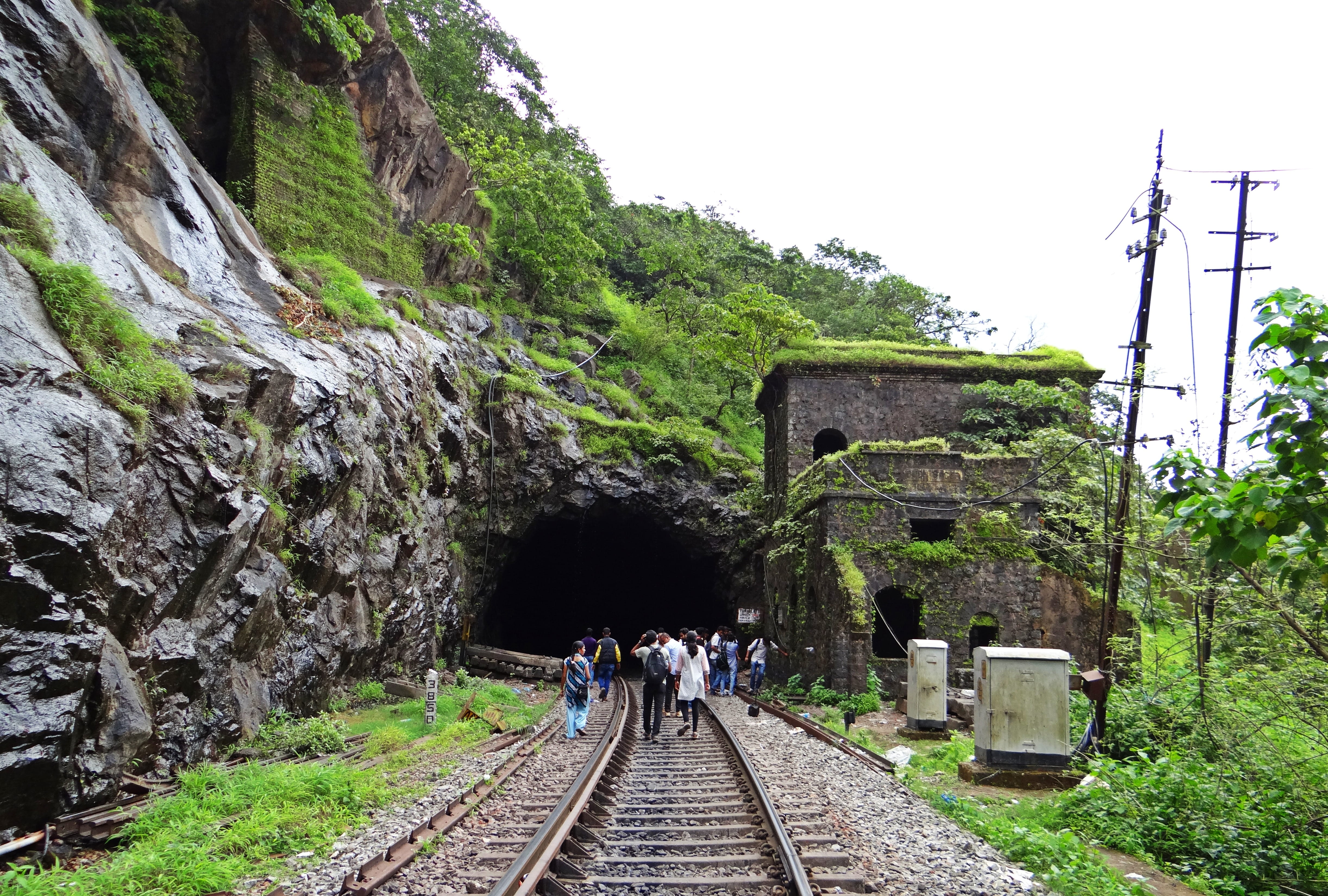 train - vehicle, mountains, nature, direction, transportation, built structure, track, sky, tree, Mountain, india, tunnel, sahyadri, Tunnel, electricity, HD Wallpaper