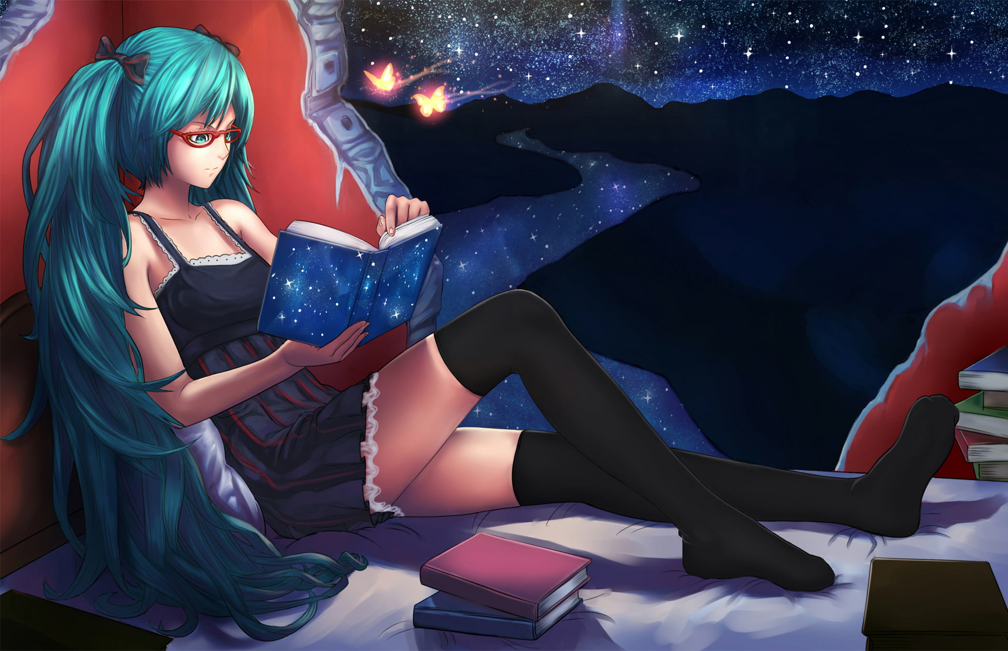 illuminated, indoors, angle, night, river, beauty, fantasy, iq2000lb, beautiful woman, bed, hairstyle, real people, Vocaloid, women, haired, young adult, HD Wallpaper