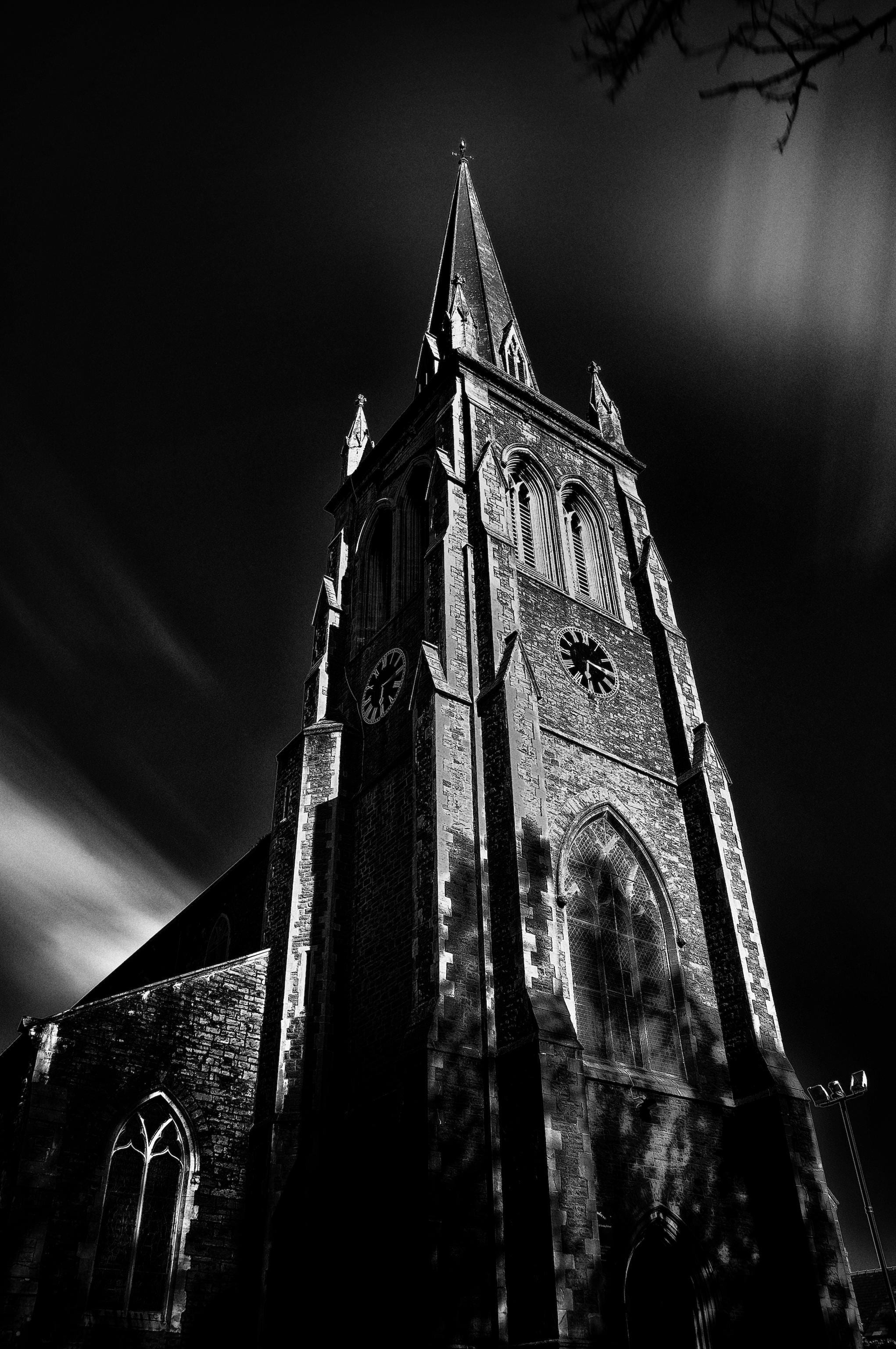 illuminated, building, low angle view, clock, long exposure, spiritual, divine, steeple, town, landscape, jesus, pray, outdoors, night, spirituality, landmark, Phone HD Wallpaper