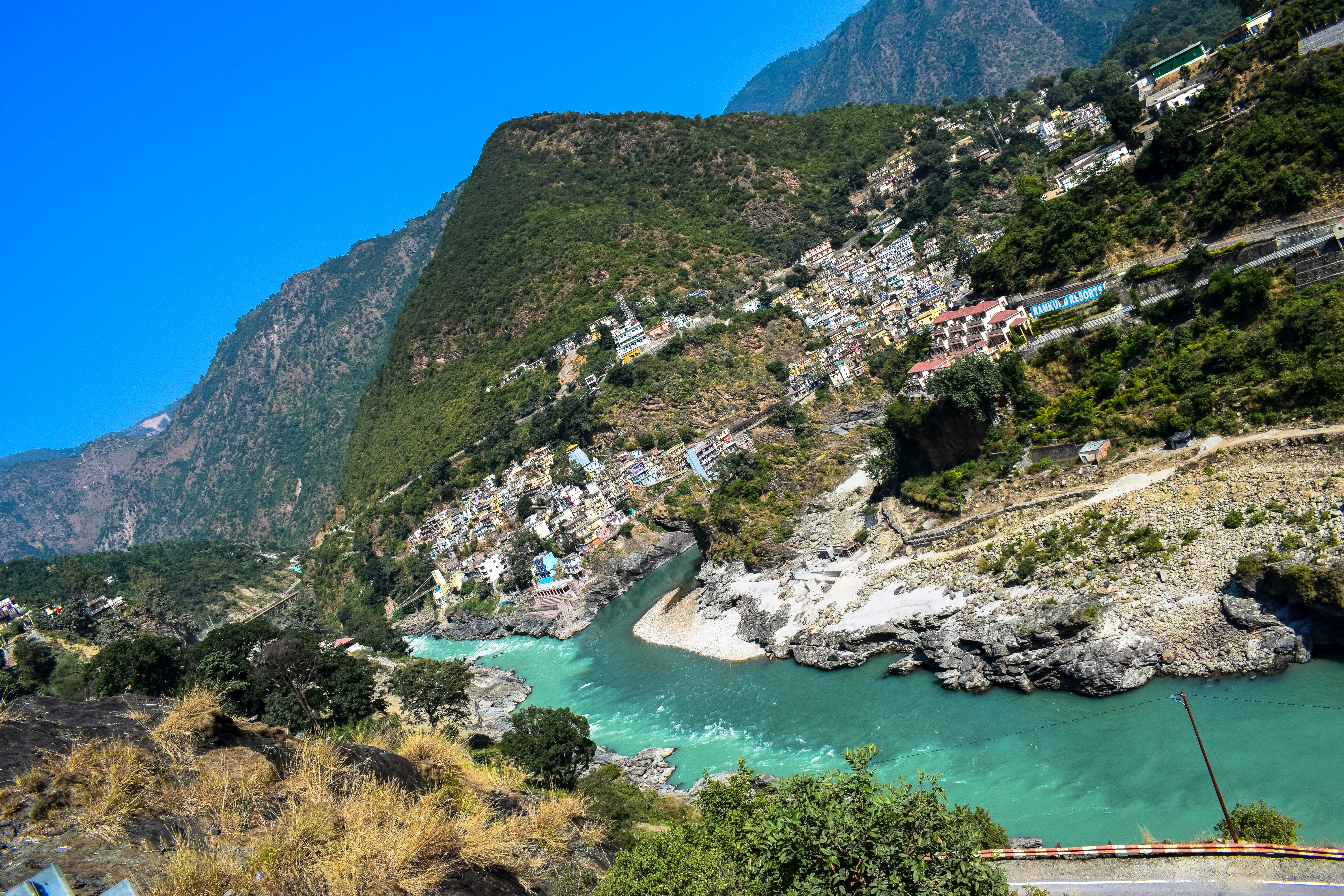 devaprayag, nature, ganges, sky, tranquil scene, tree, turquoise colored, no people, tranquility, 5K, mountains, india, outdoors, hills, day, river, formation, HD Wallpaper