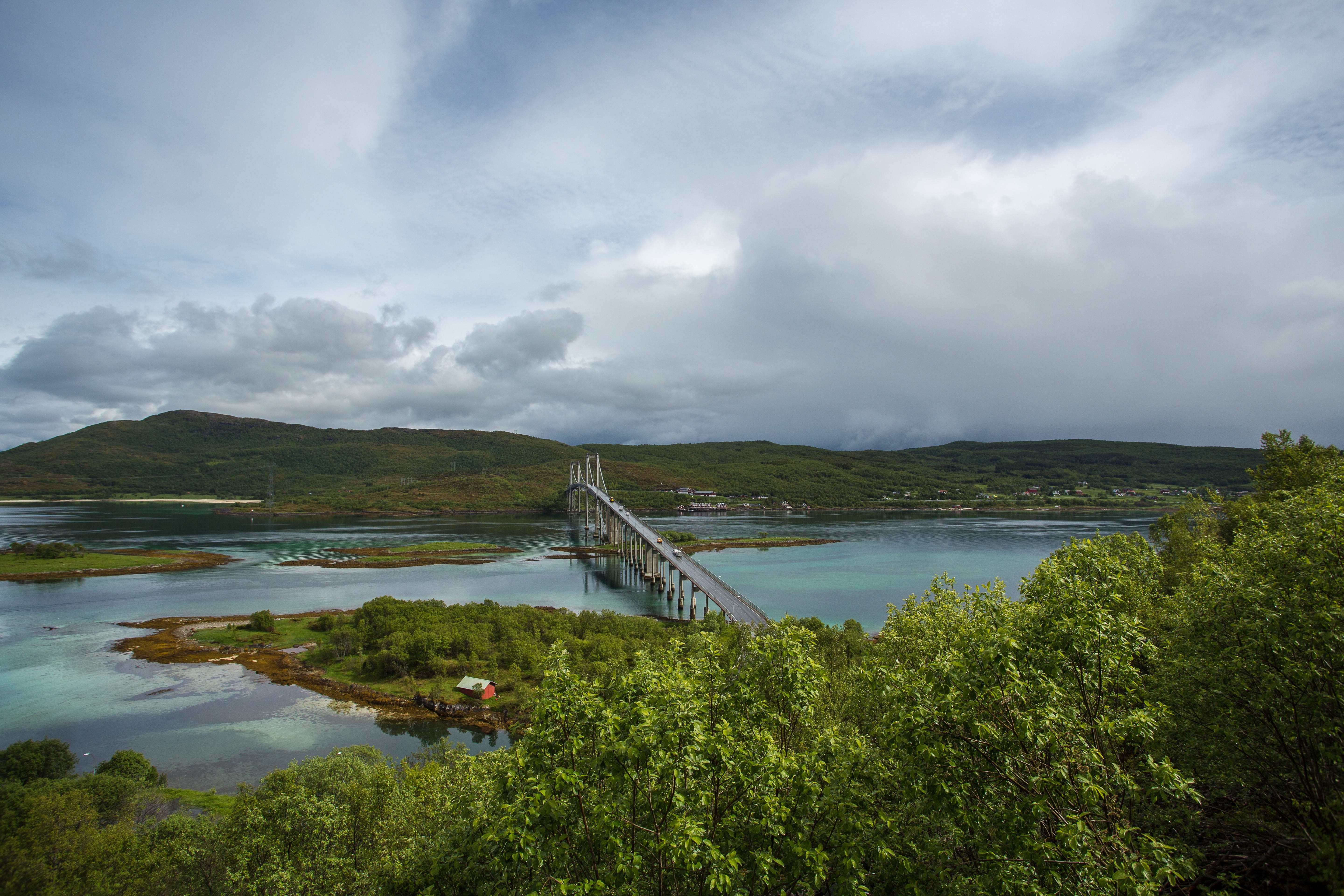 sky, no people, non-urban scene, landscape, tranquil scene, green color, travel life, clouds, bridge, scenics - nature, visit norway, beautiful view, norge, HD Wallpaper