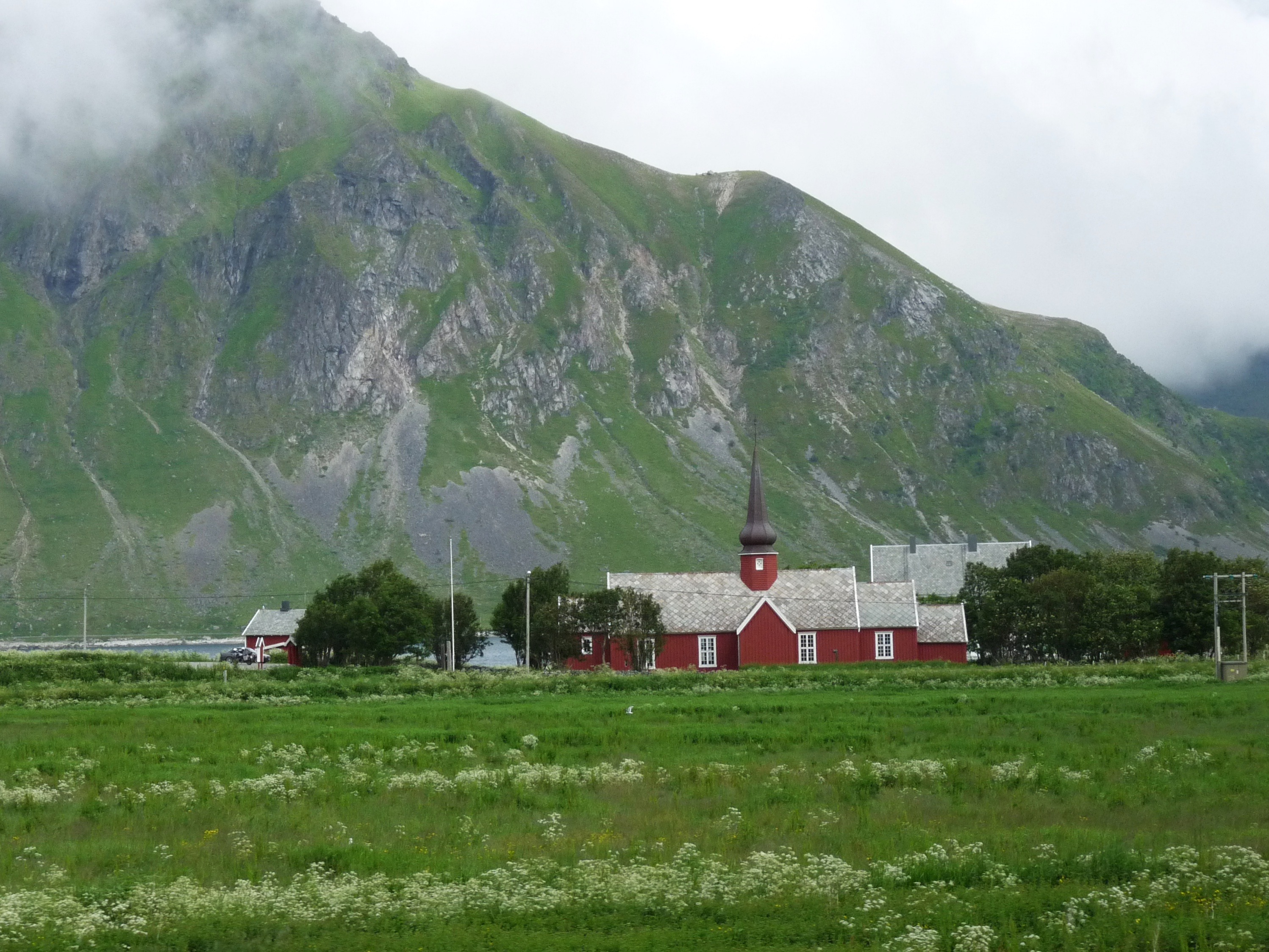 nature, mountain range, church, travel, mountains, scandinavia, built structure, hurtigruten, building, no people, day, norge, outdoors, green color, scenics - nature, HD Wallpaper