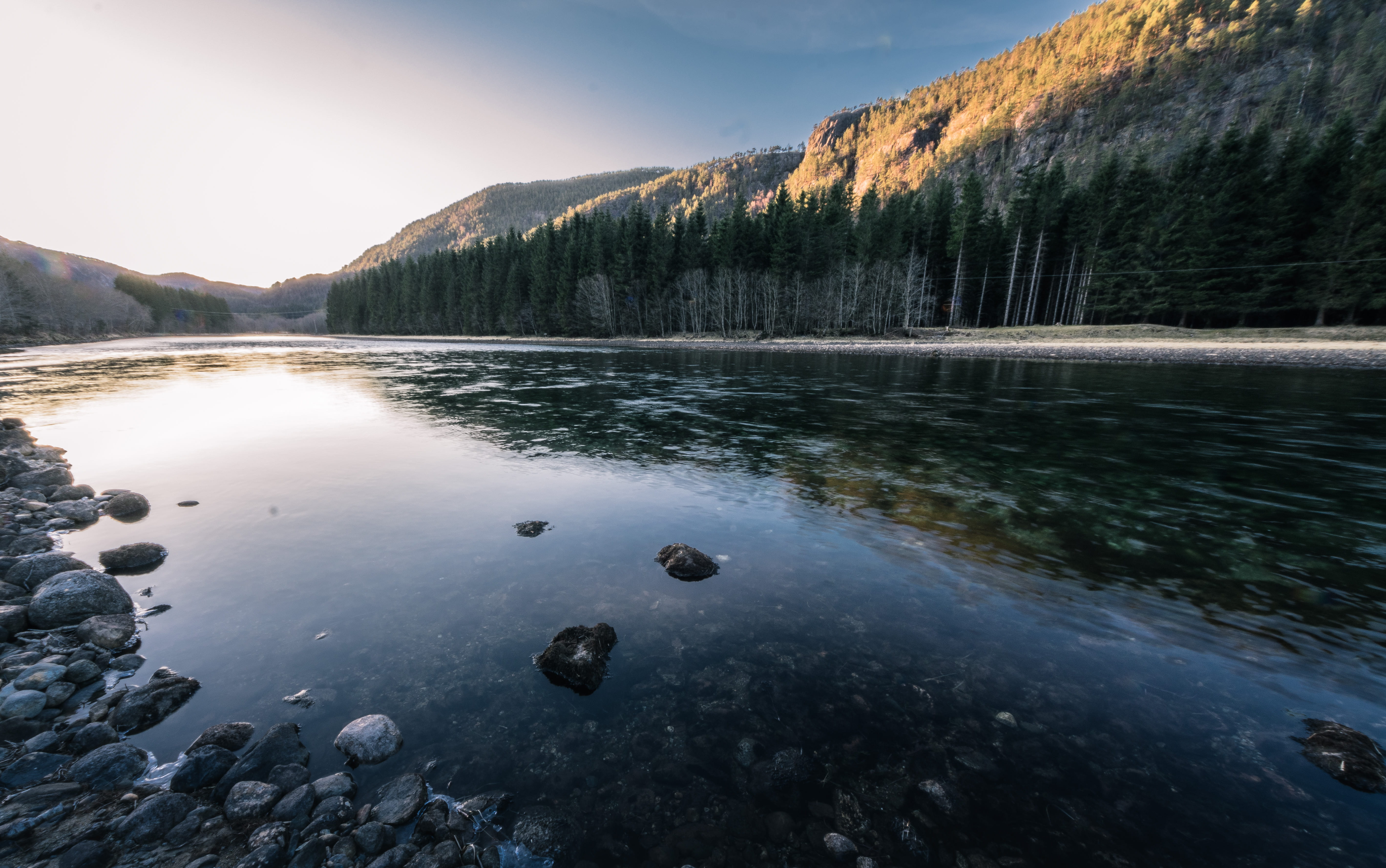 surface level, norge, sunrise, sky, solid, forest, near, 5K, rock - object, water, rogaland, fjord, blue sky, lake, mountain, norway, landscape, HD Wallpaper