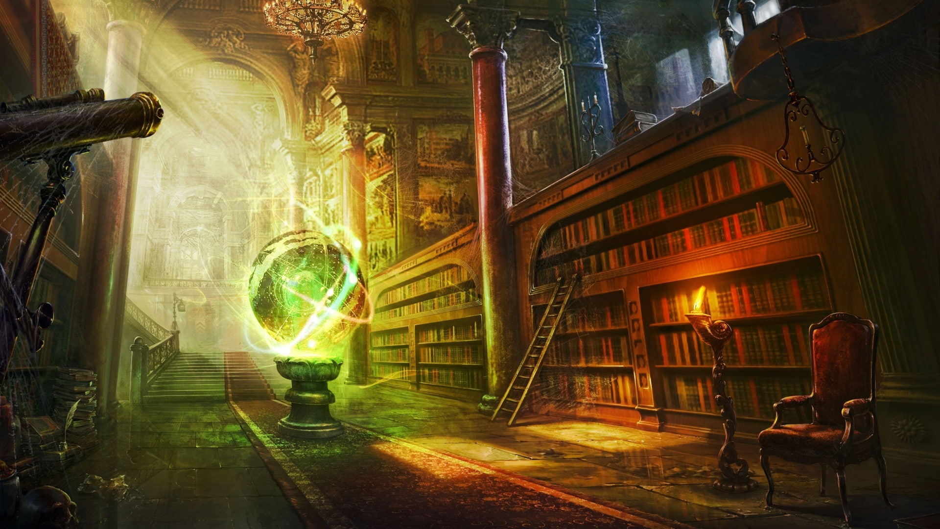 1080P, stairs, ball, Magic, fantasy Art, library, Column, castle, HD Wallpaper