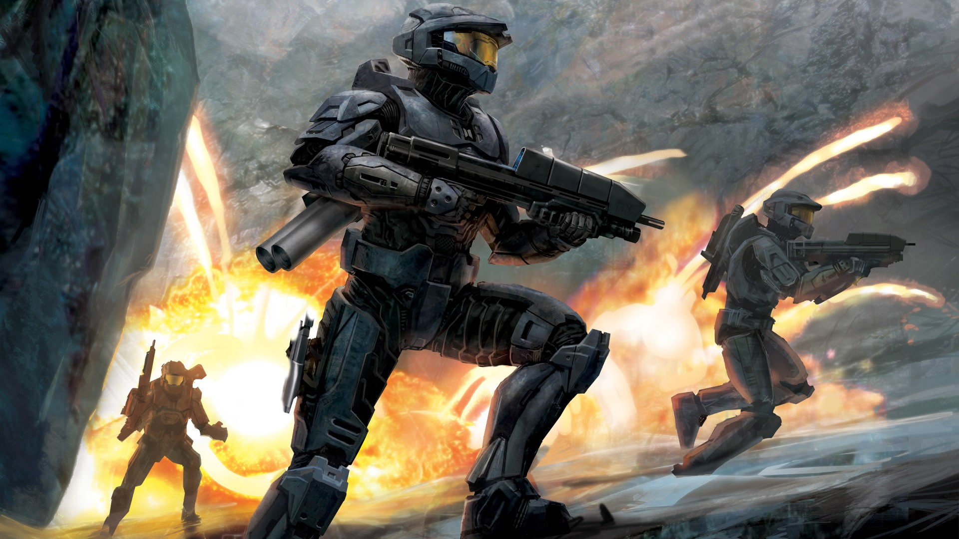 rifles, 1080P, Spartans, video games, Halo, explosion, HD Wallpaper