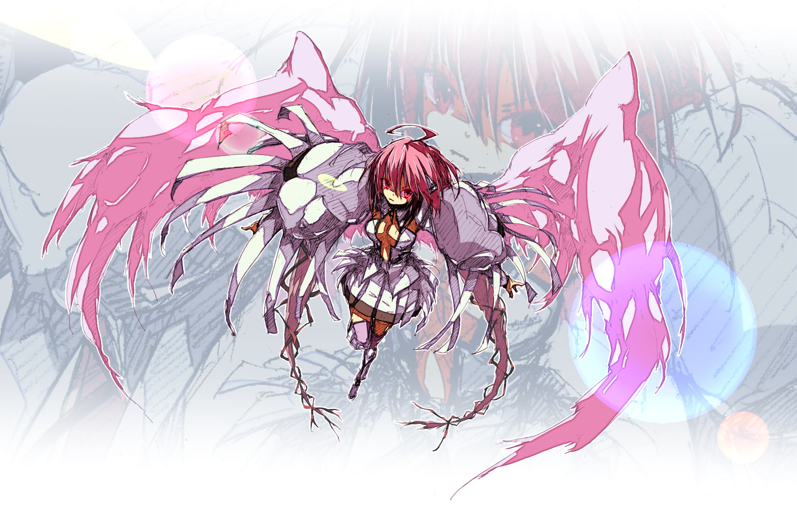 sora, layer, collar, hair, otoshimono, cleavage, zoom, eyes, pink, 720P, long, ikaros, twintails, wings, HD Wallpaper