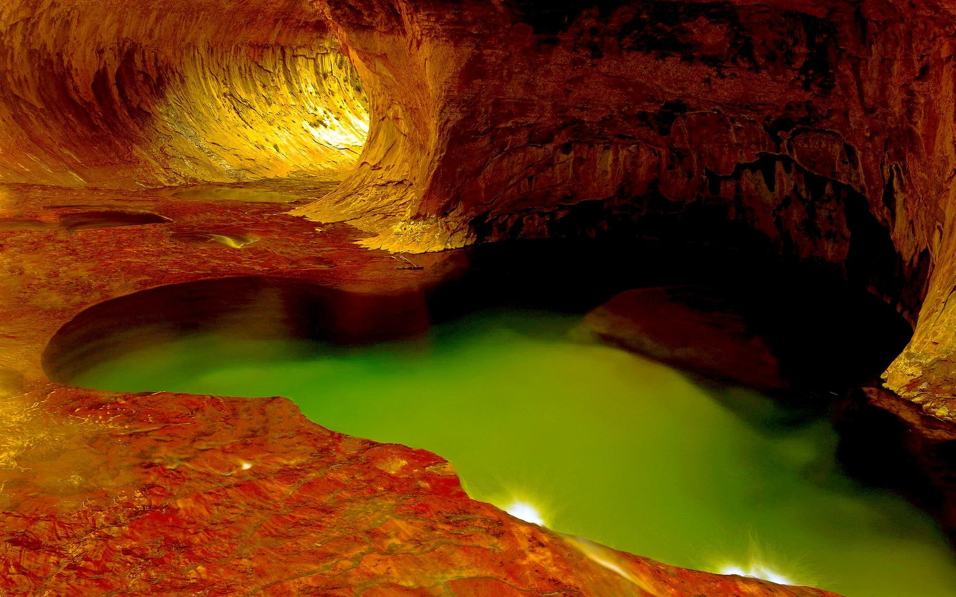 inside, cave, pond, entrance, nature, nature and landscapes, 1080P, HD Wallpaper
