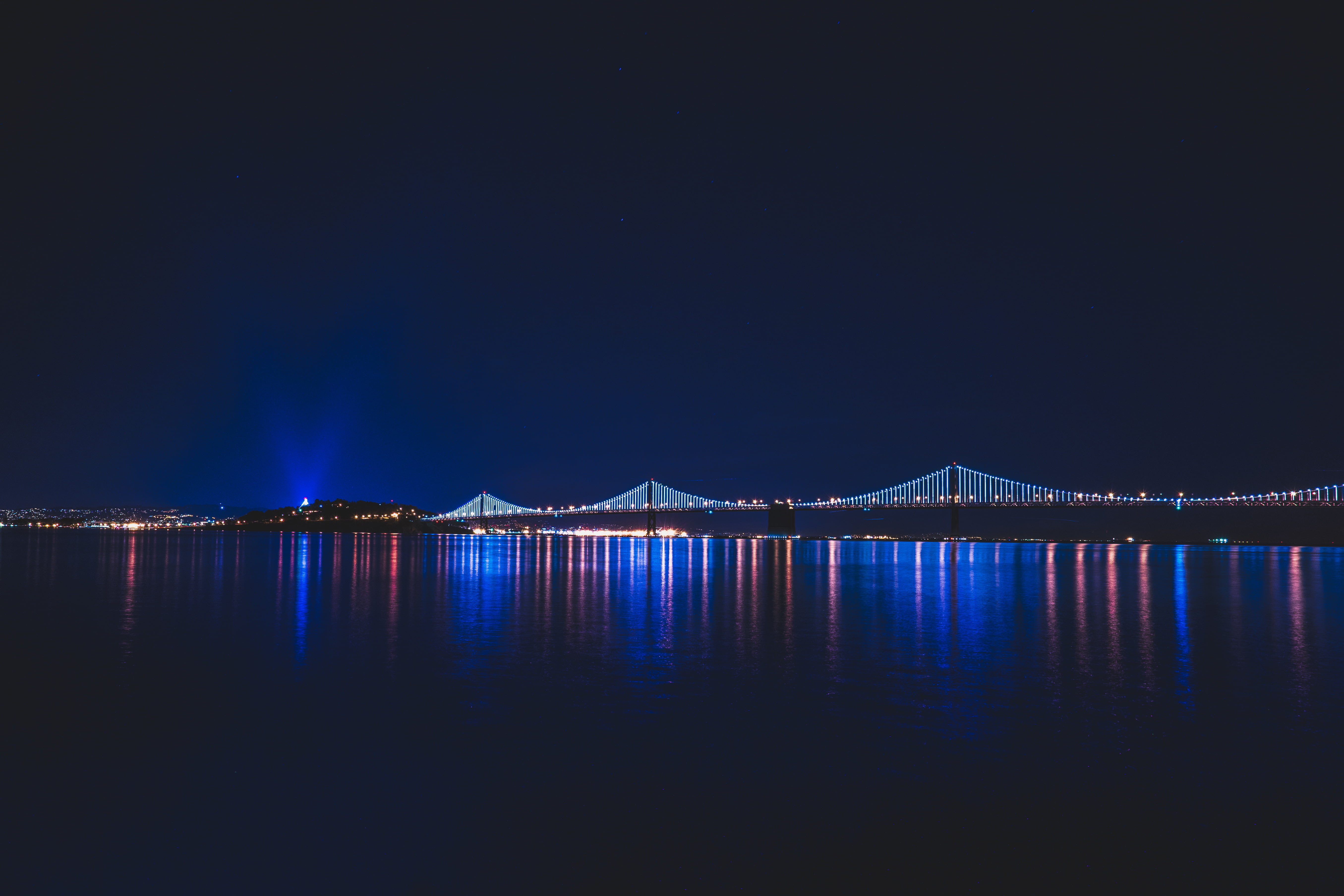 sea, nighttime, illuminated, gray, reflection, lighted, bay, architecture, wide, suspension, scenics - nature, city, water, outdoors, beauty in nature, HD Wallpaper