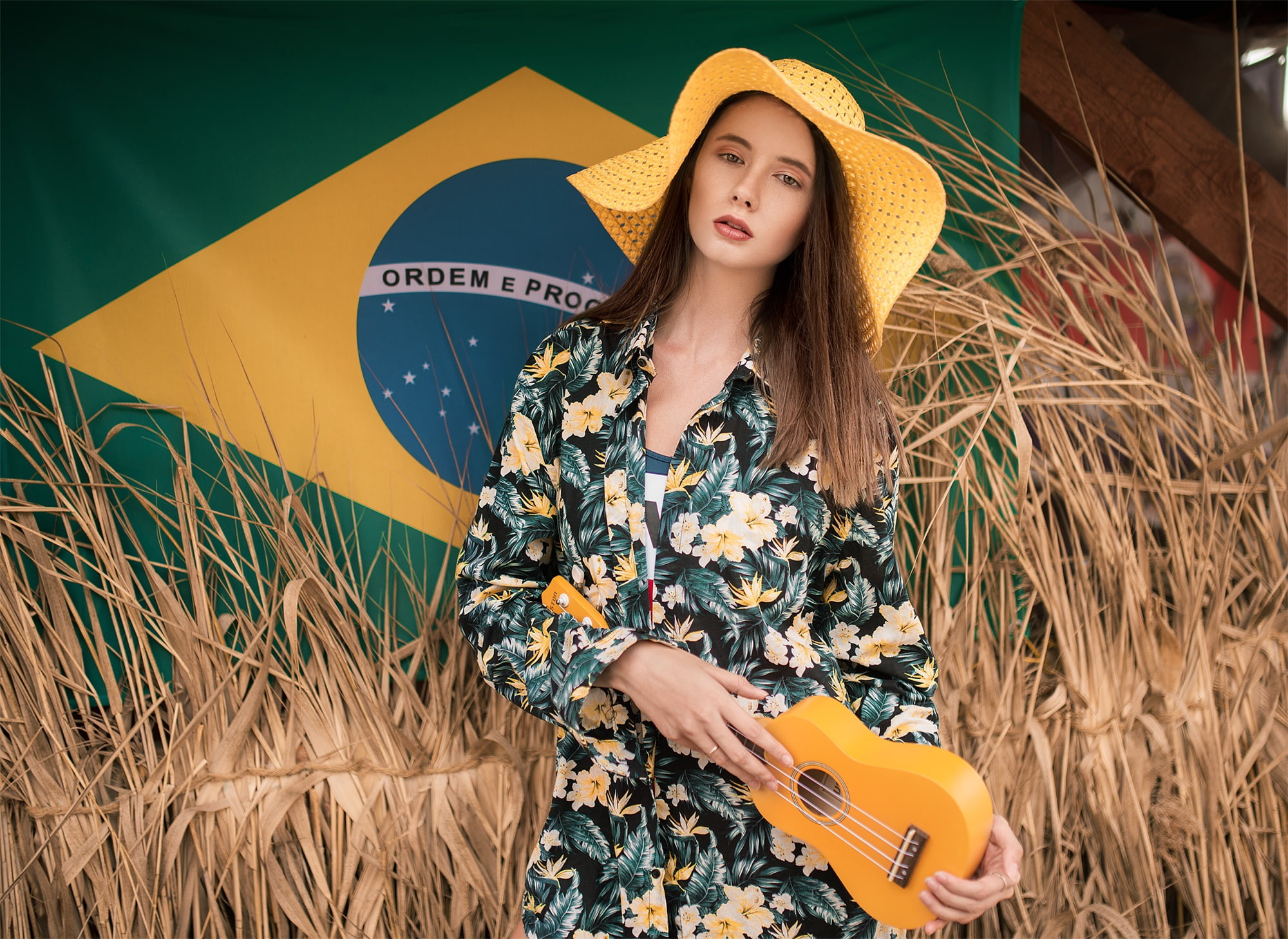 Oleg Demyanchenko, ukulele, flag, hat, Disha Shemetova, figure, Girl, hairstyle, model, dress, 1080P, HD Wallpaper