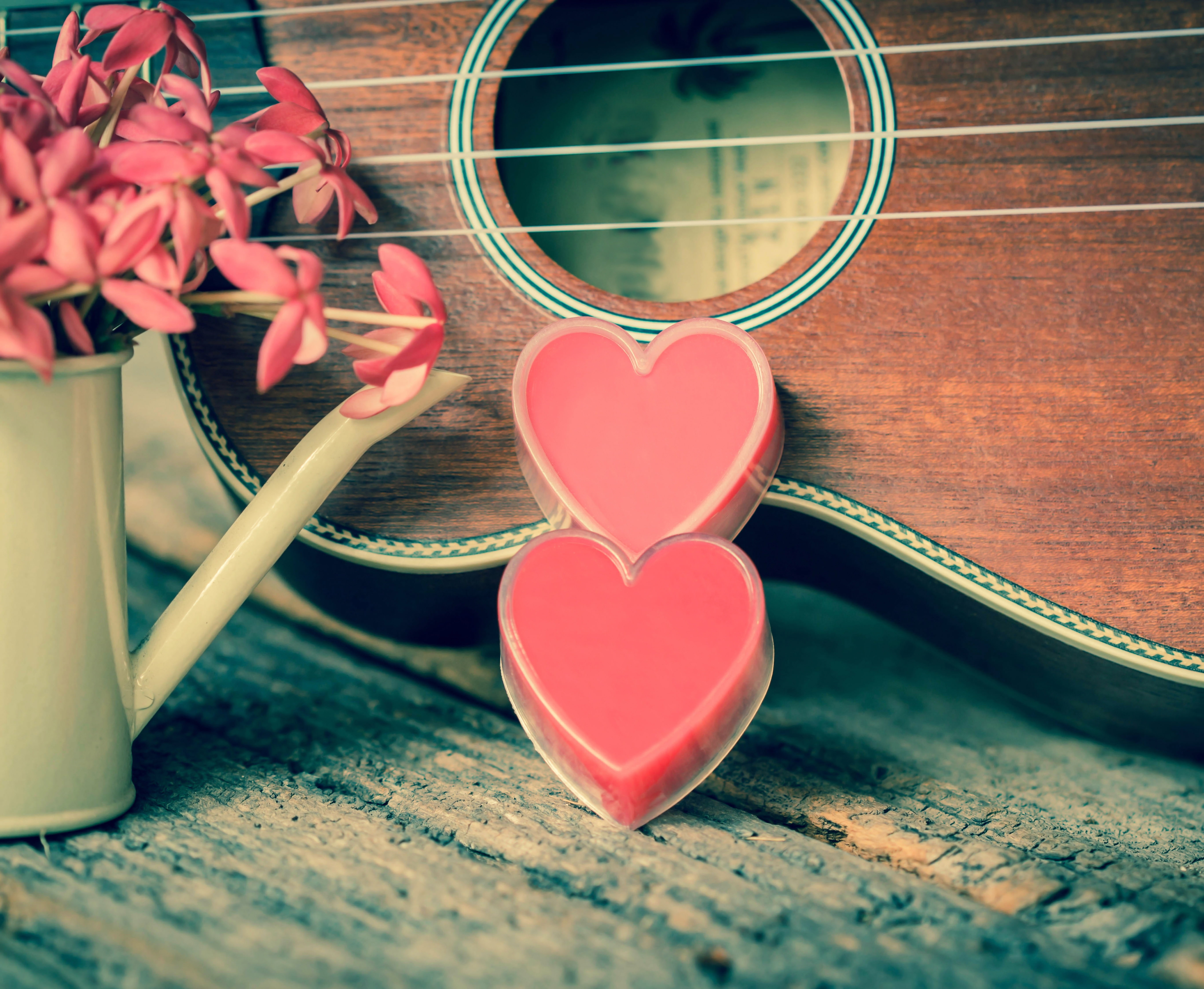 brown, ukulele, old-fashioned, red, plant, freshness, nature, symbol, table, heart Shape, no People, positive emotion, valentines Day - Holiday, pink, backgrounds, HD Wallpaper