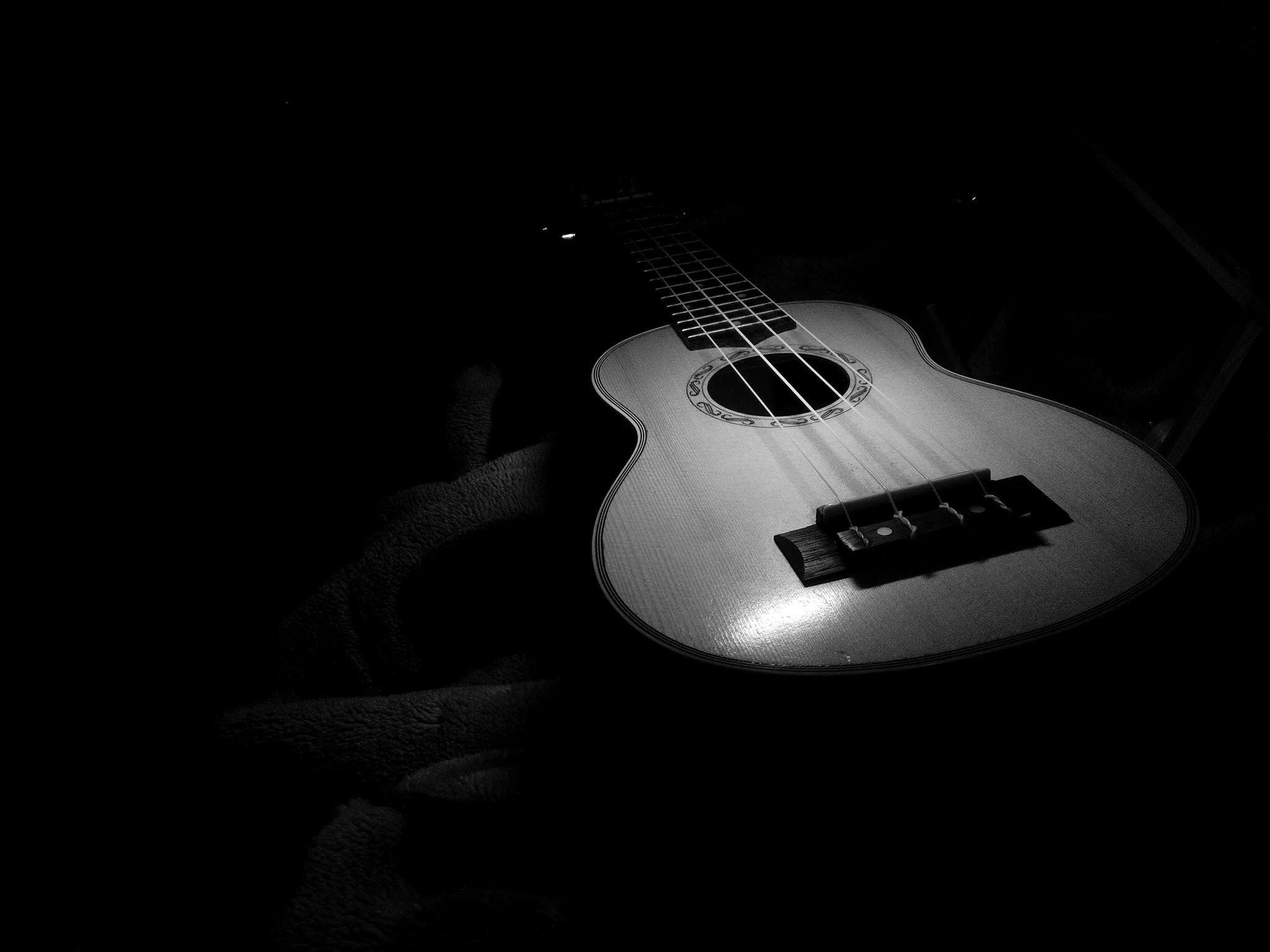 ukulele, domestic room, dark, still life, 1080P, acoustic guitar, indoors, close-up, copy space, darkroom, strings, electric guitar, high angle view, musical instrument string, HD Wallpaper