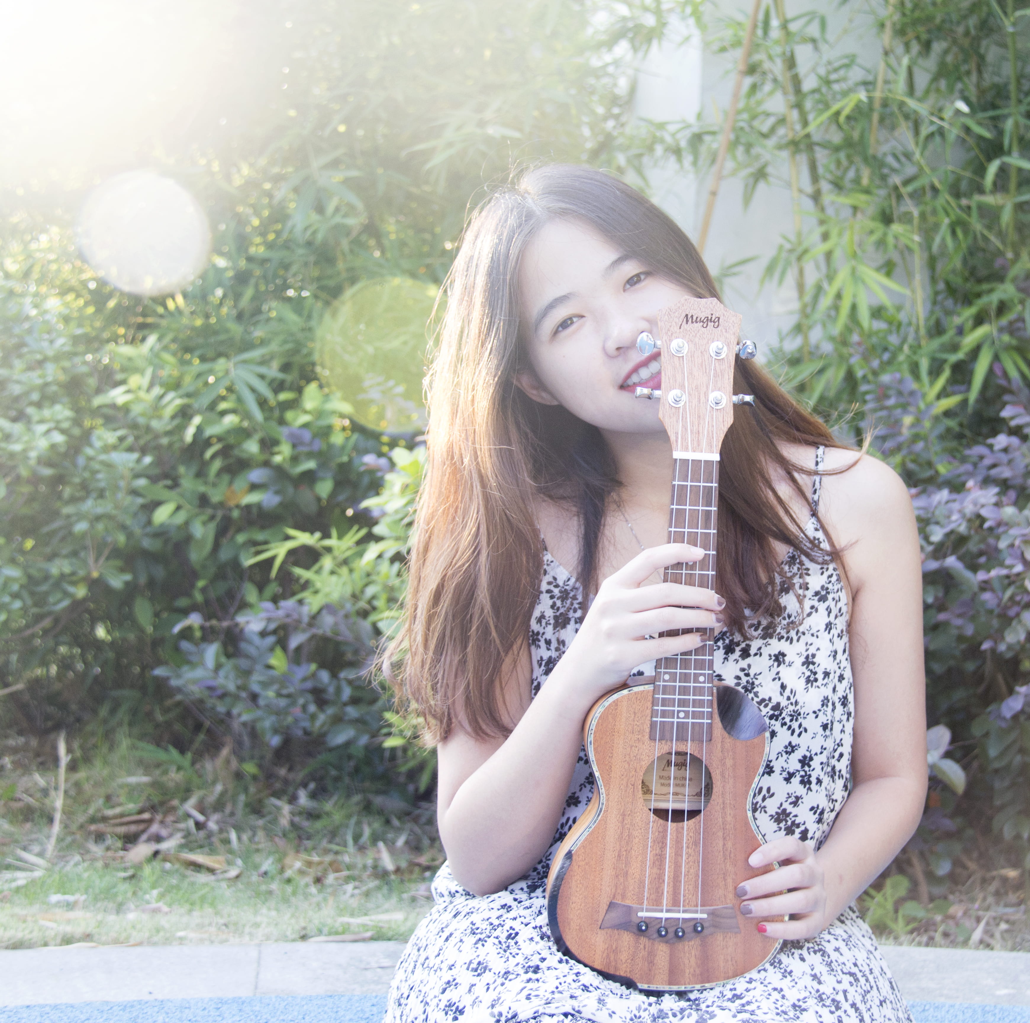 sweet, hairstyle, woman, girl, musical instrument, arts culture and entertainment, instrument, plant, 2K, front view, young adult, real people, acoustic guitar, HD Wallpaper