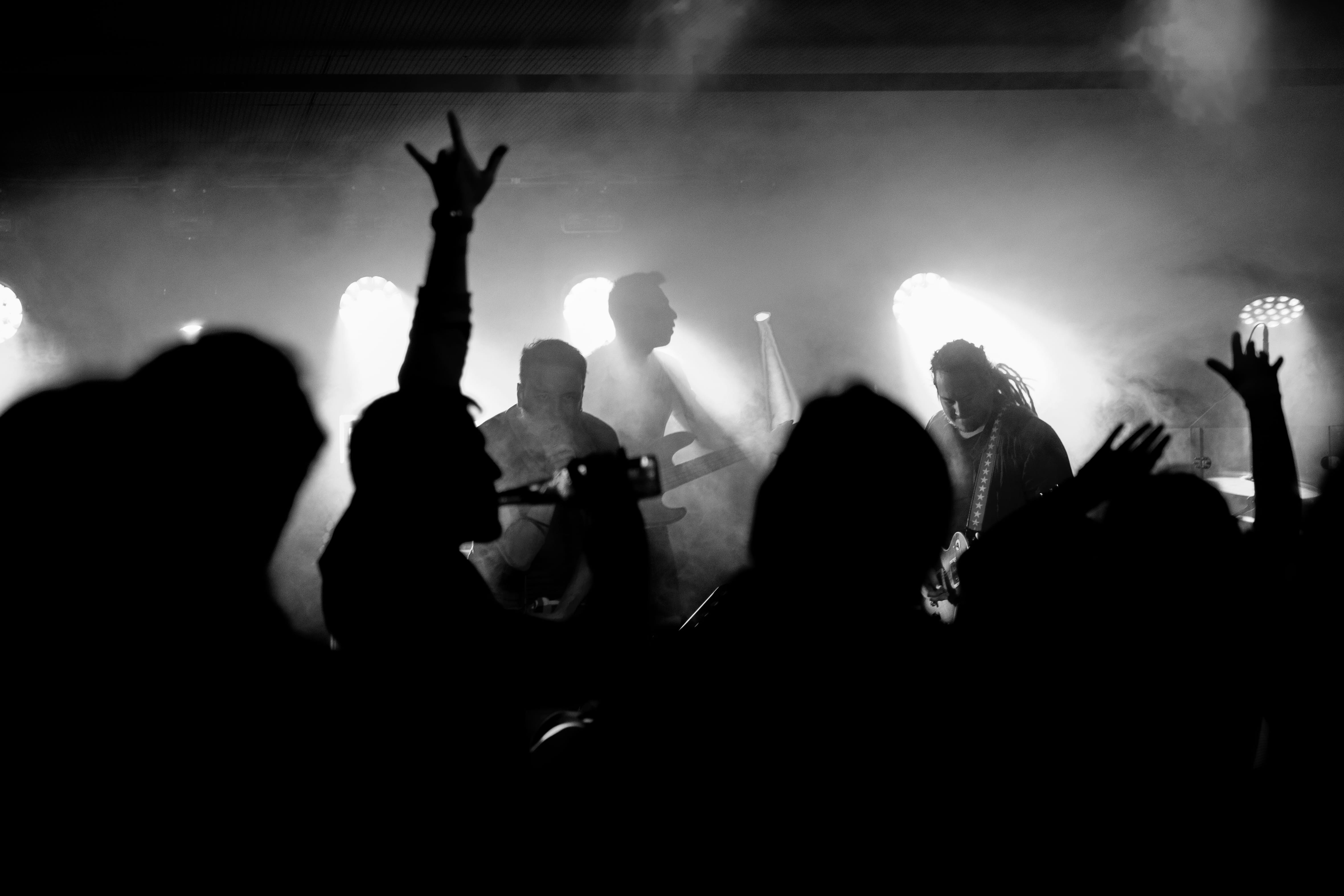 illuminated, musician, band, large group of people, stage light, men, rock, silhouette, rock concert, emotion, real people, black and white, spectator, HD Wallpaper