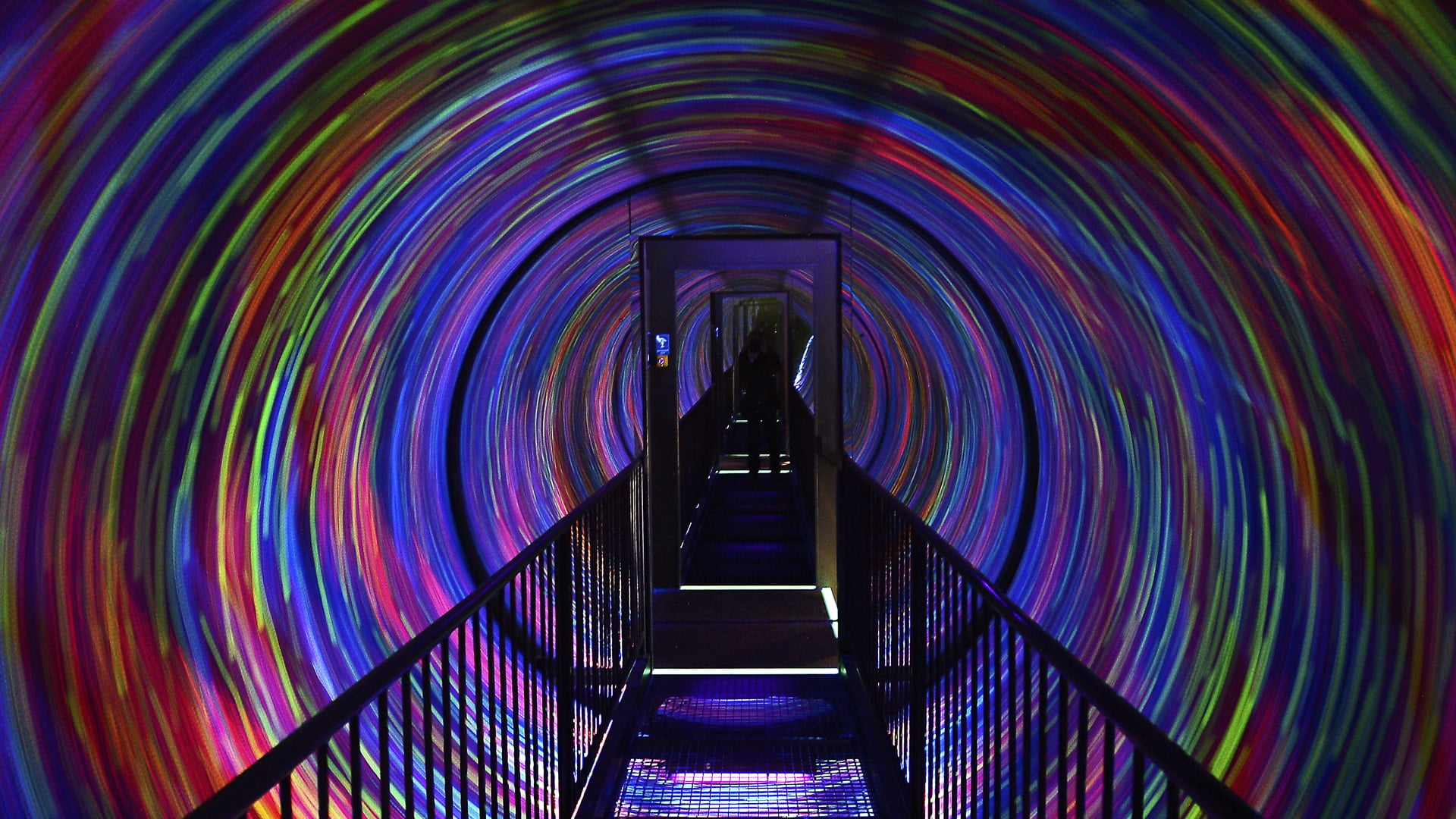 indoors, diminishing perspective, 3d, light, long exposure, direction, tunnel, motion, blurred motion, rear view, one person, illuminated, record player, HD Wallpaper
