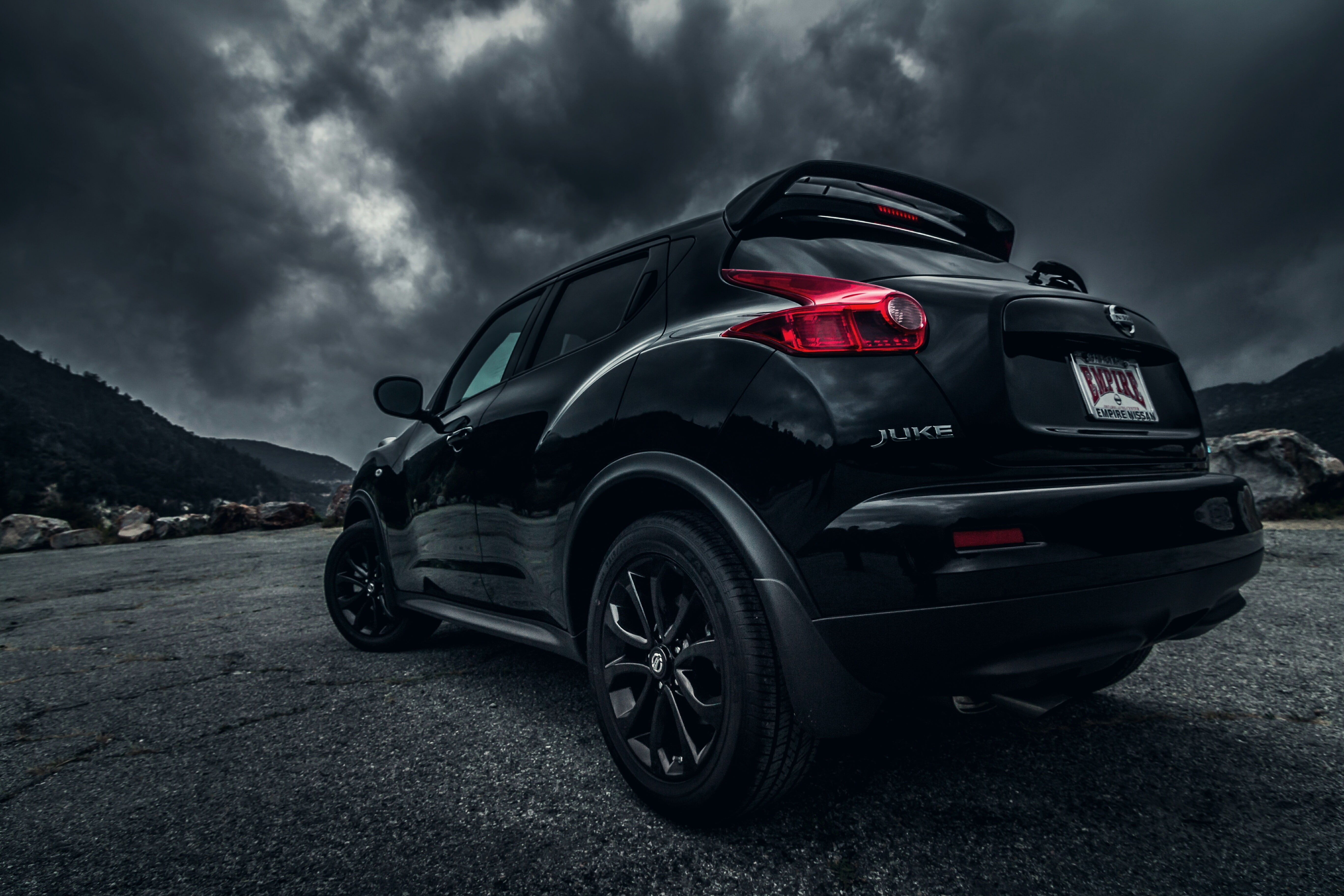 motor vehicle, sky, land vehicle, day, nissan juke, stationary, beauty in nature, luxury, storm, 5K, cars, suv, cloud - sky, black, ominous, overcast, HD Wallpaper