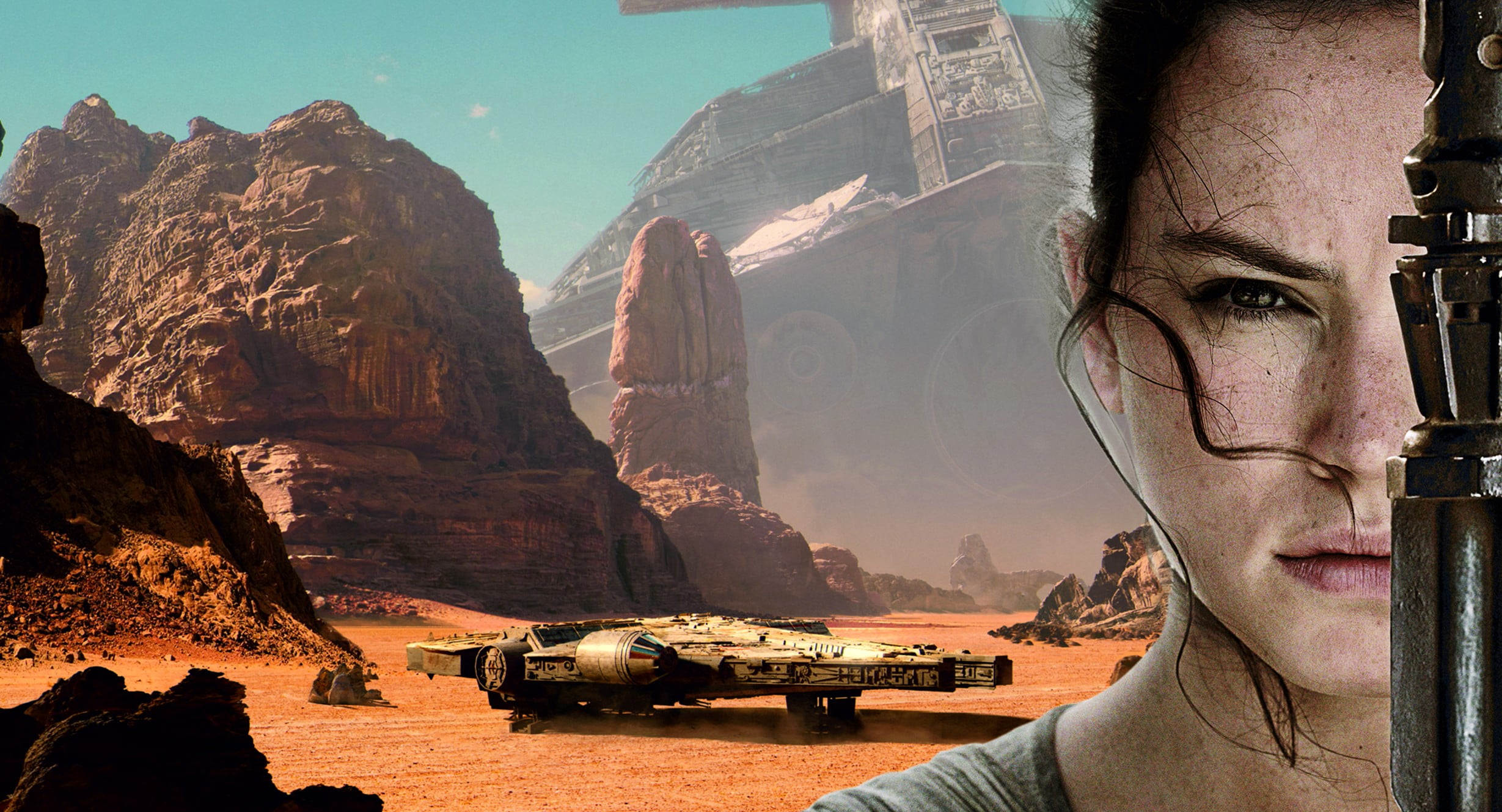 young adult, sunlight, Star Wars: The Force Awakens, young women, day, digital composite, Millennium Falcon, rock, nature, rock formation, transportation, HD Wallpaper