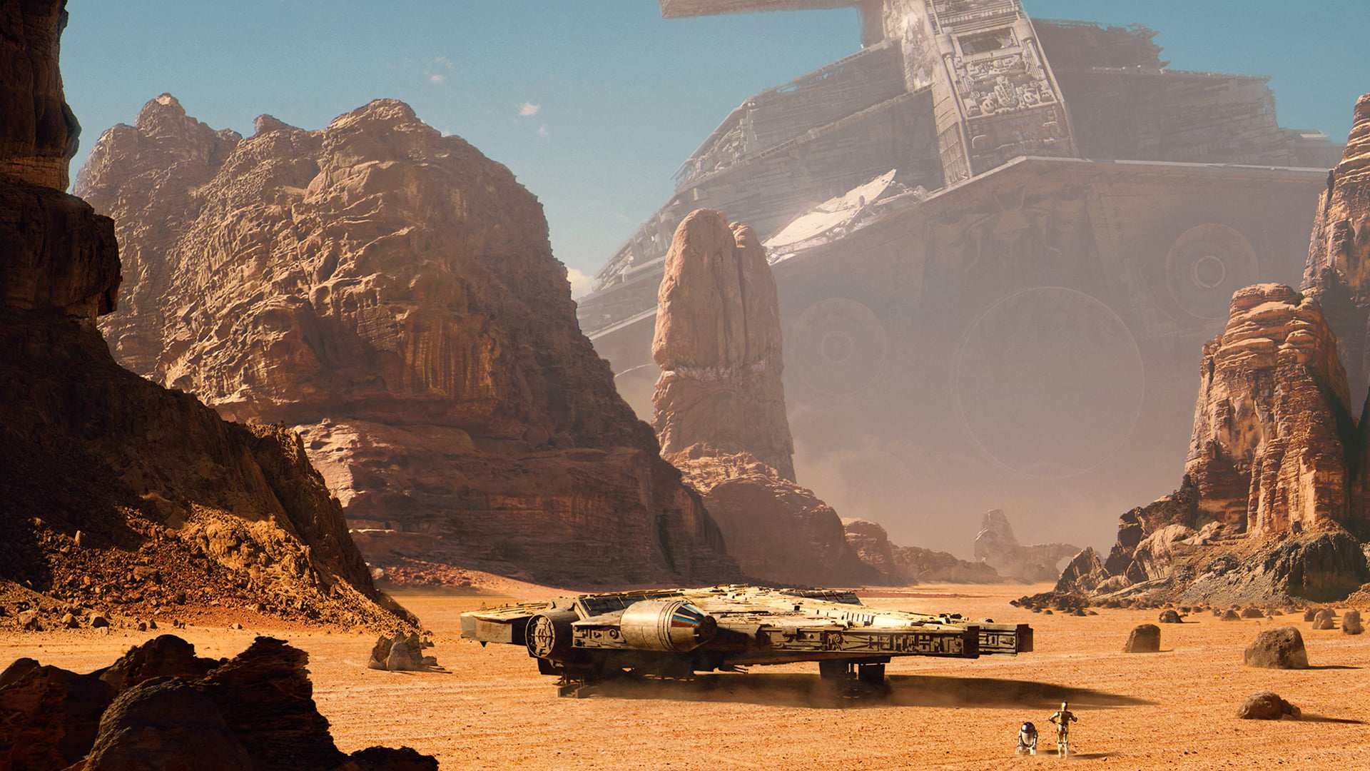 canyon, Millennium Falcon, C-3PO, science fiction, R2-D2, spaceship, movie characters, Star Wars, Wojtek Fus, 1080P, sand, HD Wallpaper