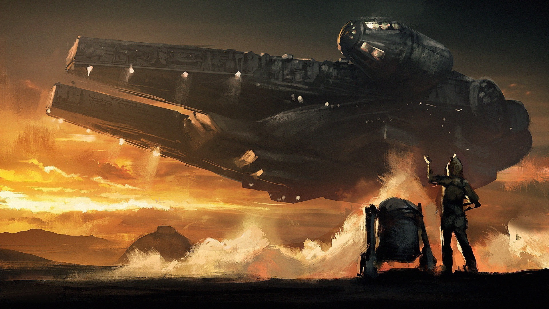 painting, 1080P, c 3po, sunset, clouds, Star Wars, r2 d2, Millennium Falcon, HD Wallpaper
